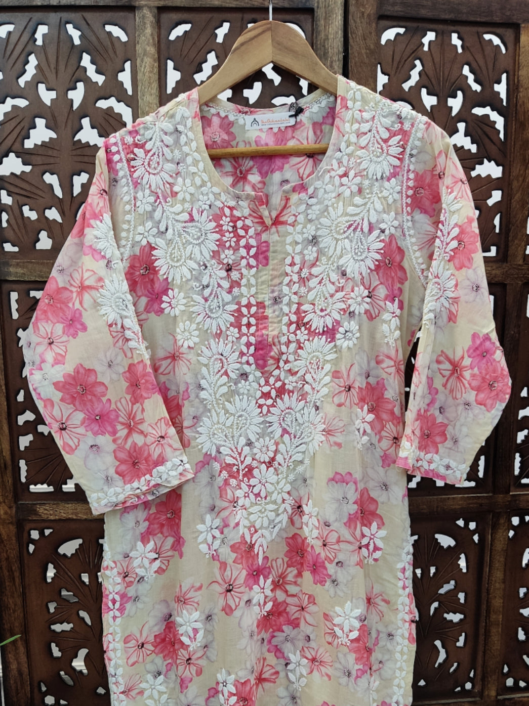 Beige Mulmul Printed Chikankari Straight Kurti