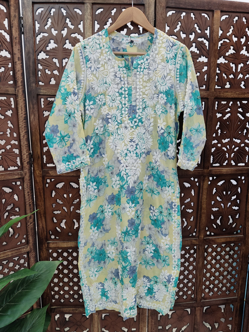 Yellow Mulmul Printed Chikankari Straight Kurti