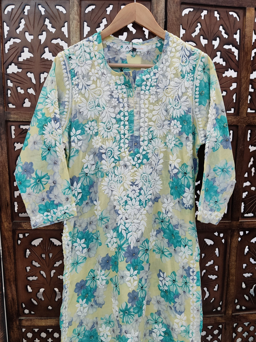 Yellow Mulmul Printed Chikankari Straight Kurti