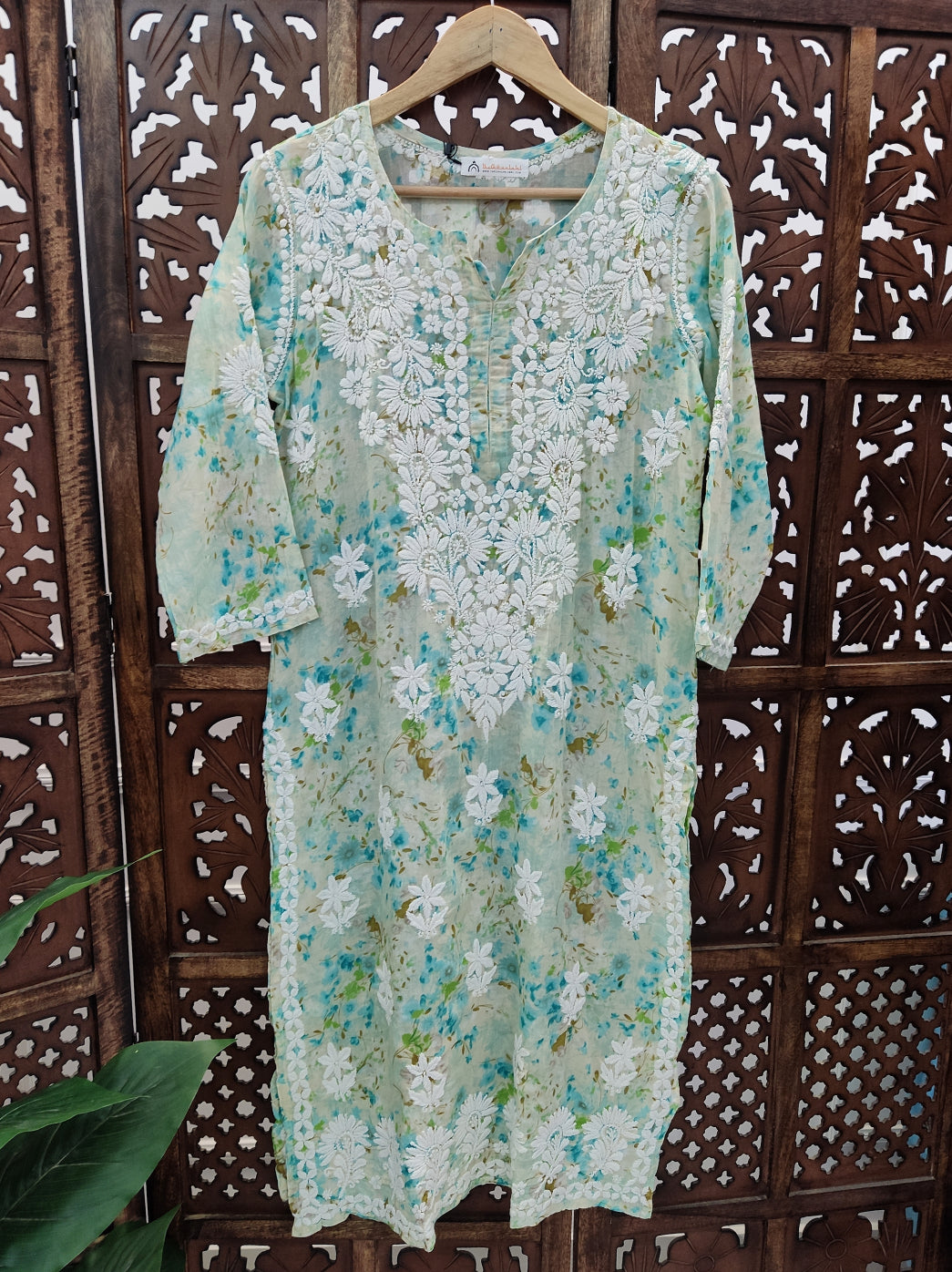 Green Mulmul Printed Chikankari Straight Kurti