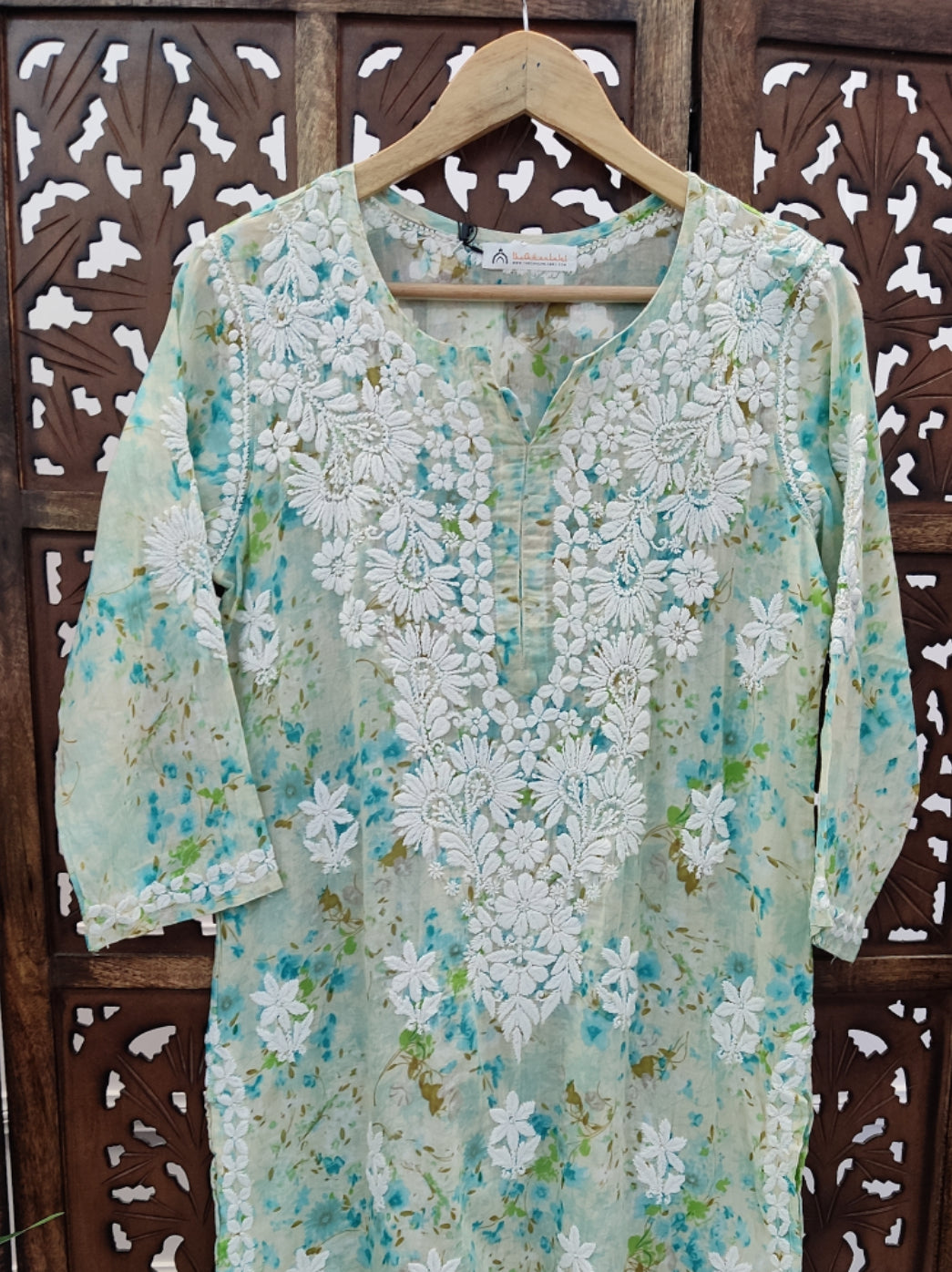 Green Mulmul Printed Chikankari Straight Kurti