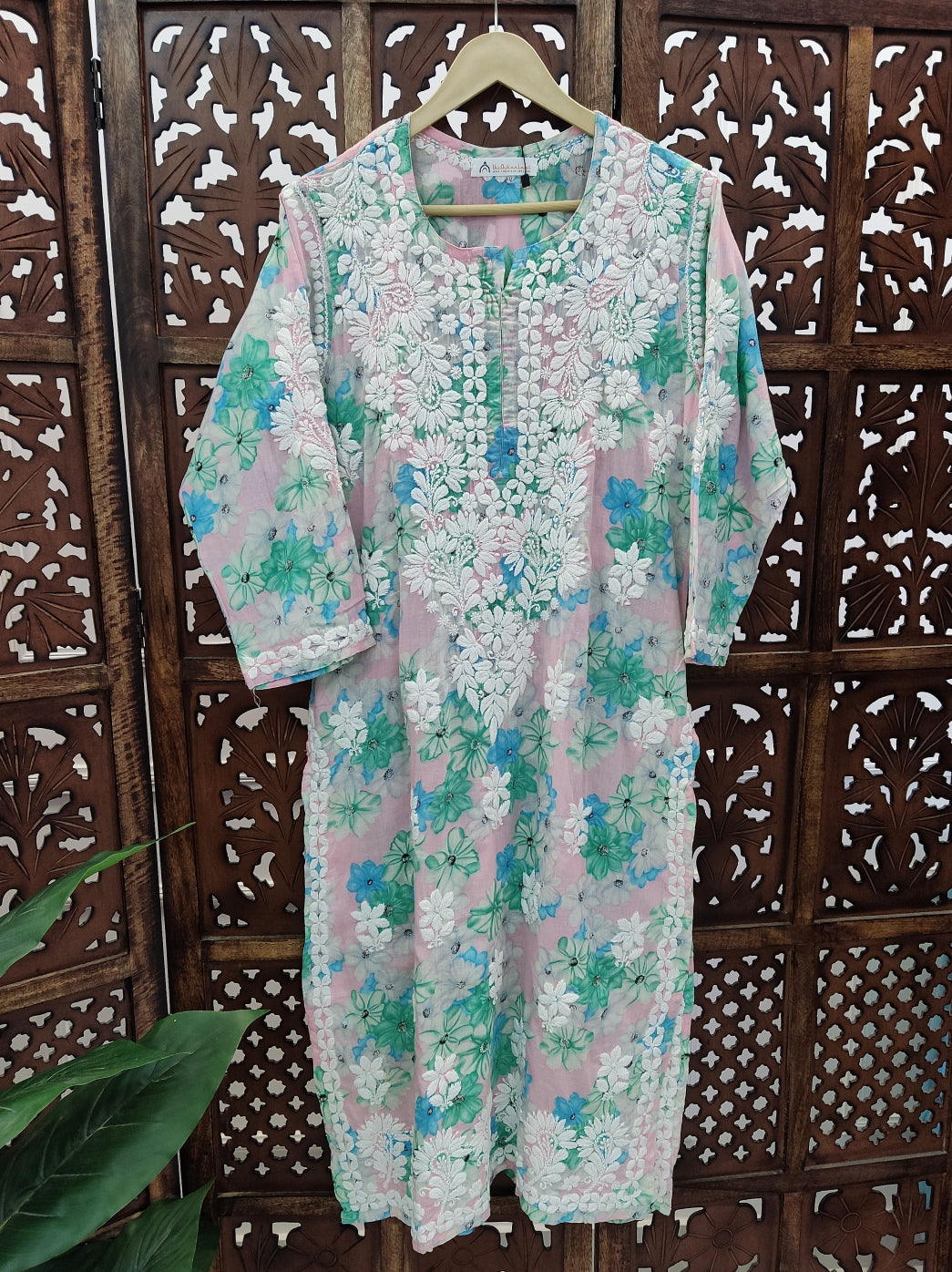 Baby Pink Mulmul Printed Chikankari Straight Kurti