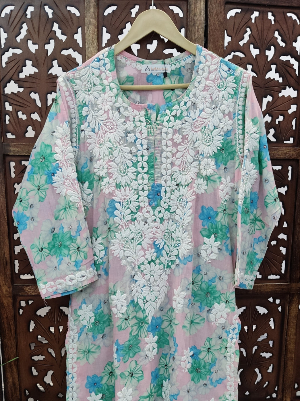 Baby Pink Mulmul Printed Chikankari Straight Kurti