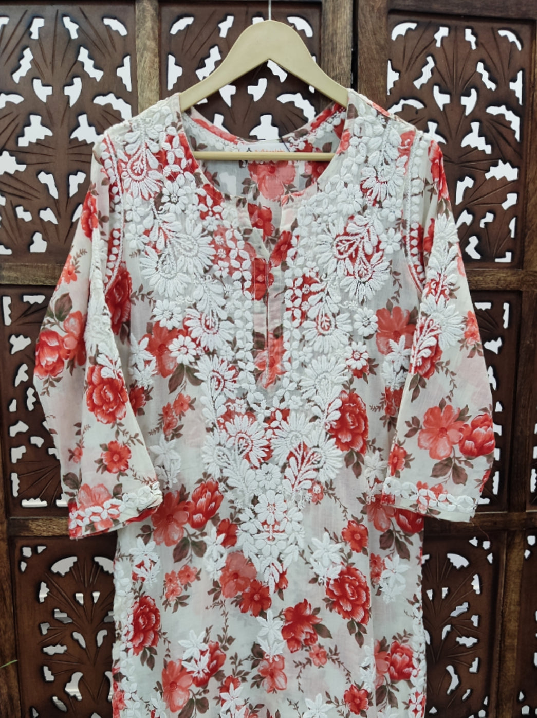 Red Mulmul Printed Chikankari Straight Kurti