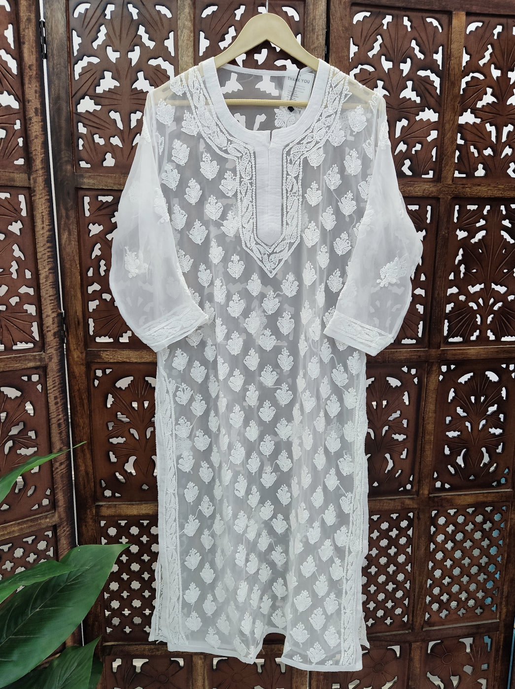 White Georgette Chikankari Straight Kurti