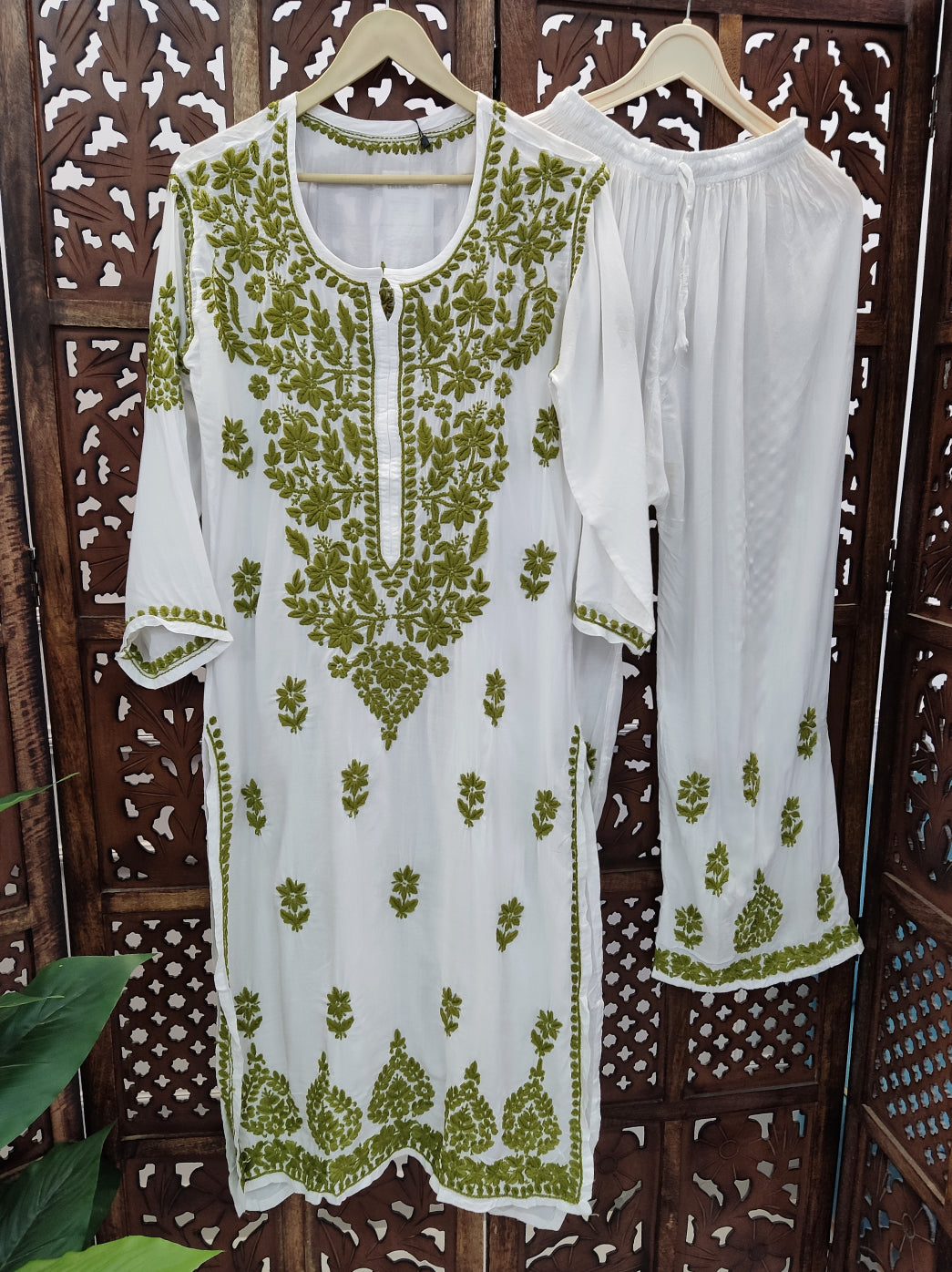 Green Modal Chikankari Kurti Palazzo Set