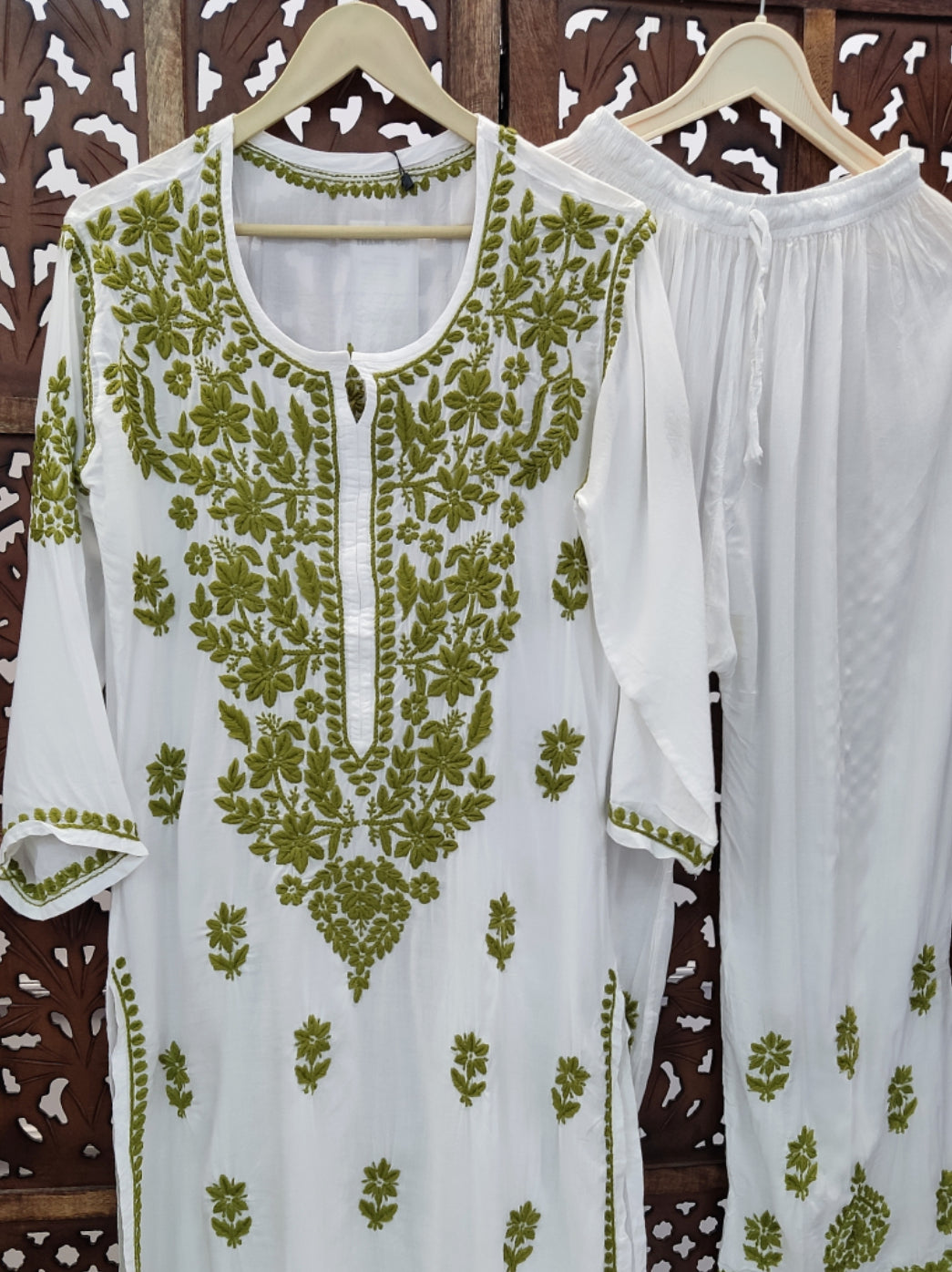 Green Modal Chikankari Kurti Palazzo Set