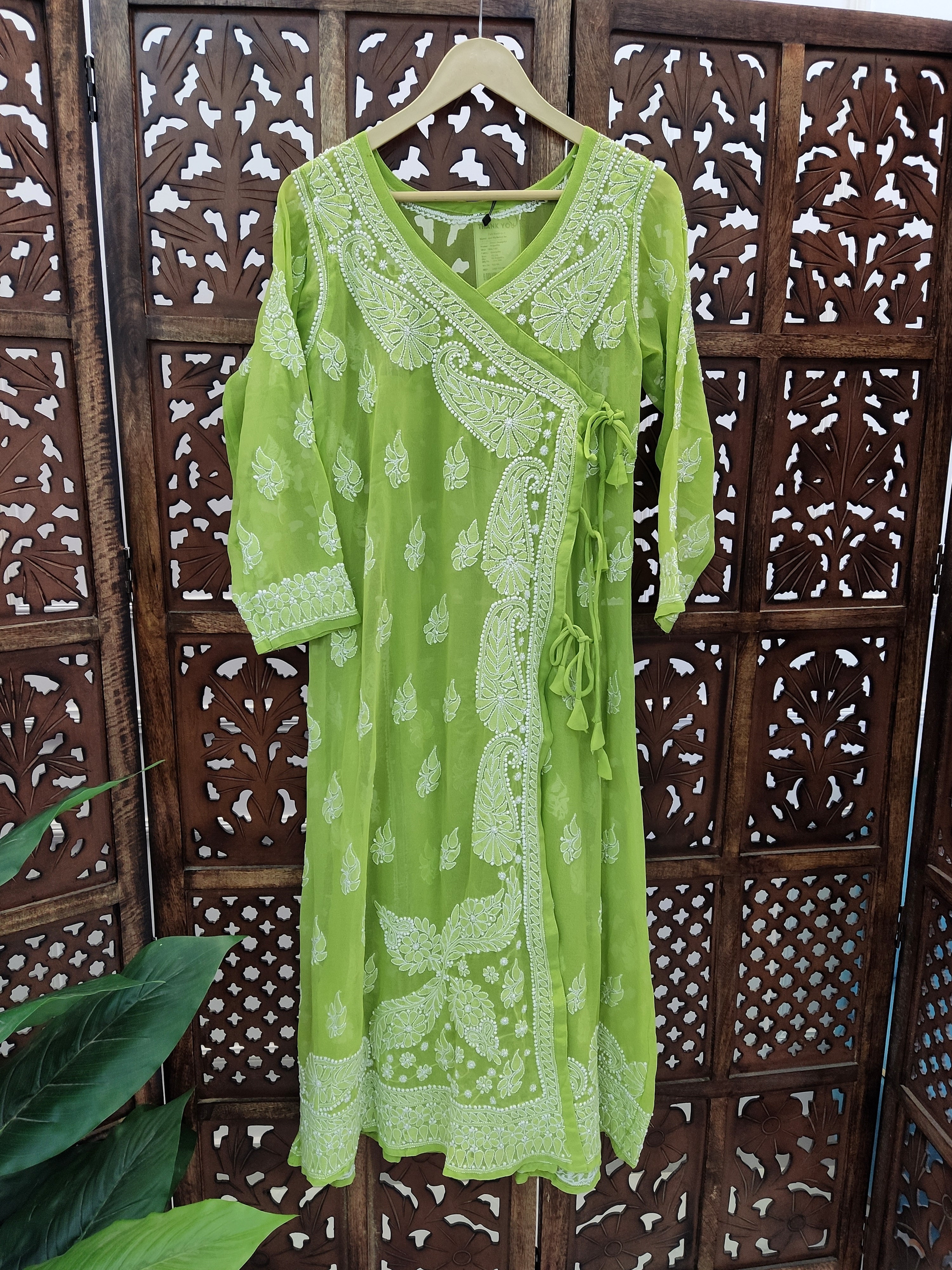 Green Georgette Chikankari Angarkha Kurti