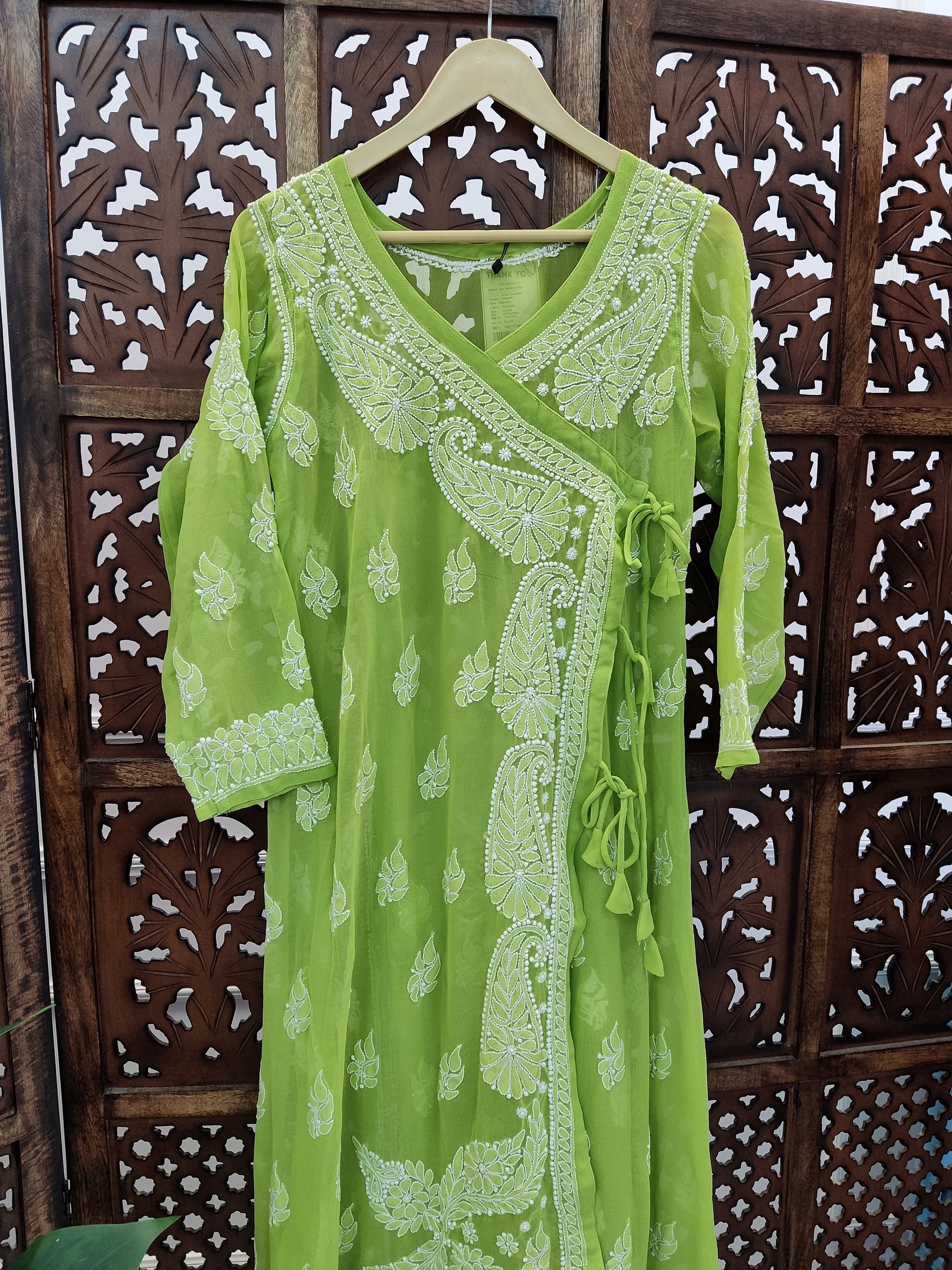 Green Georgette Chikankari Angarkha Kurti