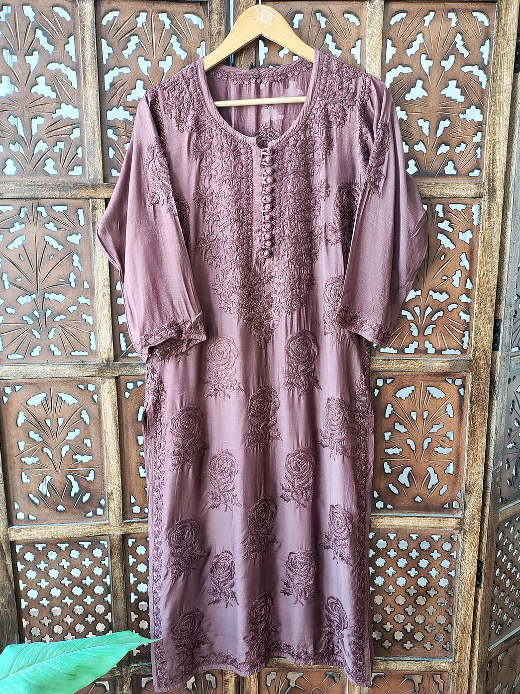Choco Gulaab Muslin Chikankari Straight Kurti