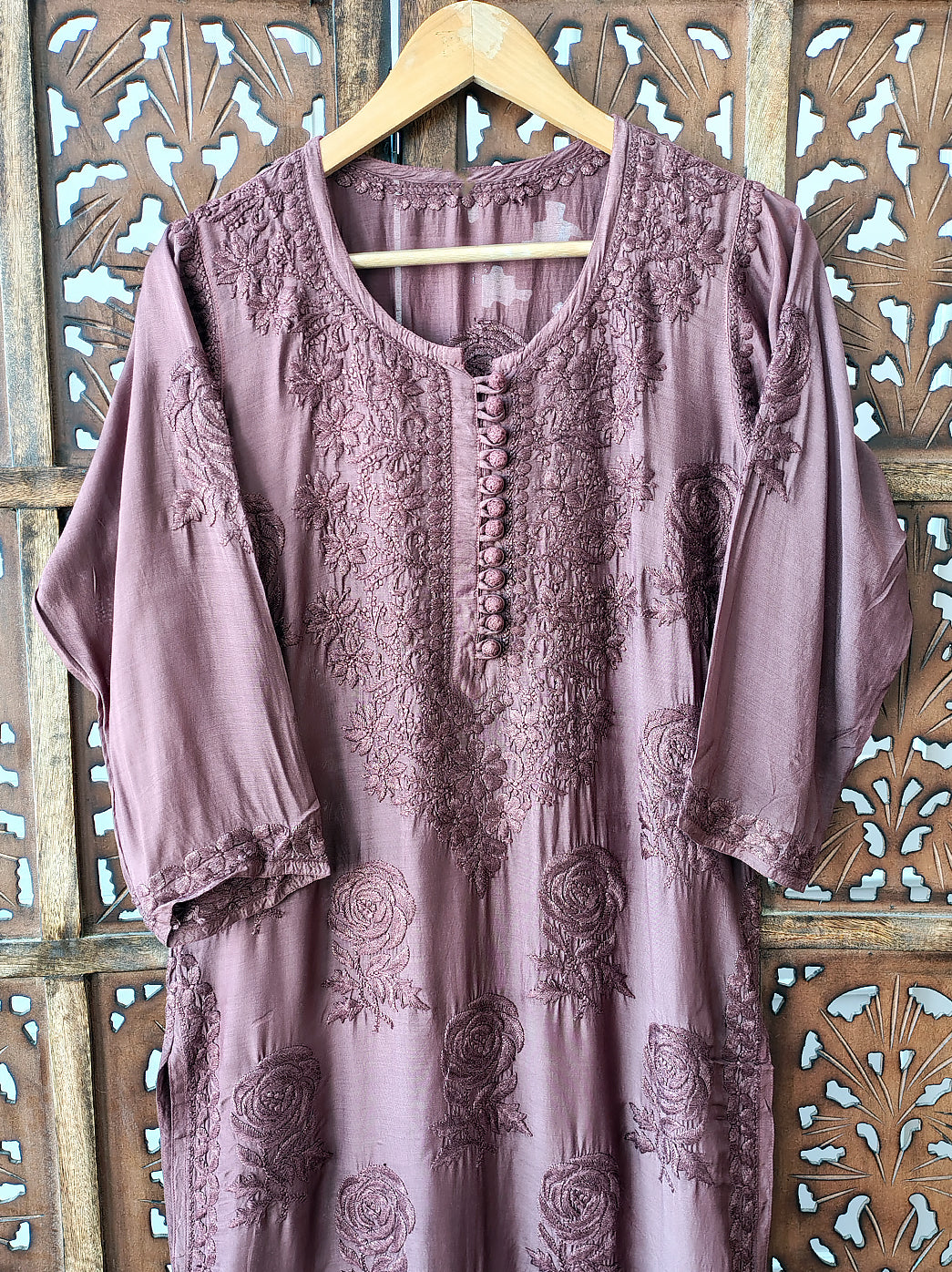 Choco Gulaab Muslin Chikankari Straight Kurti