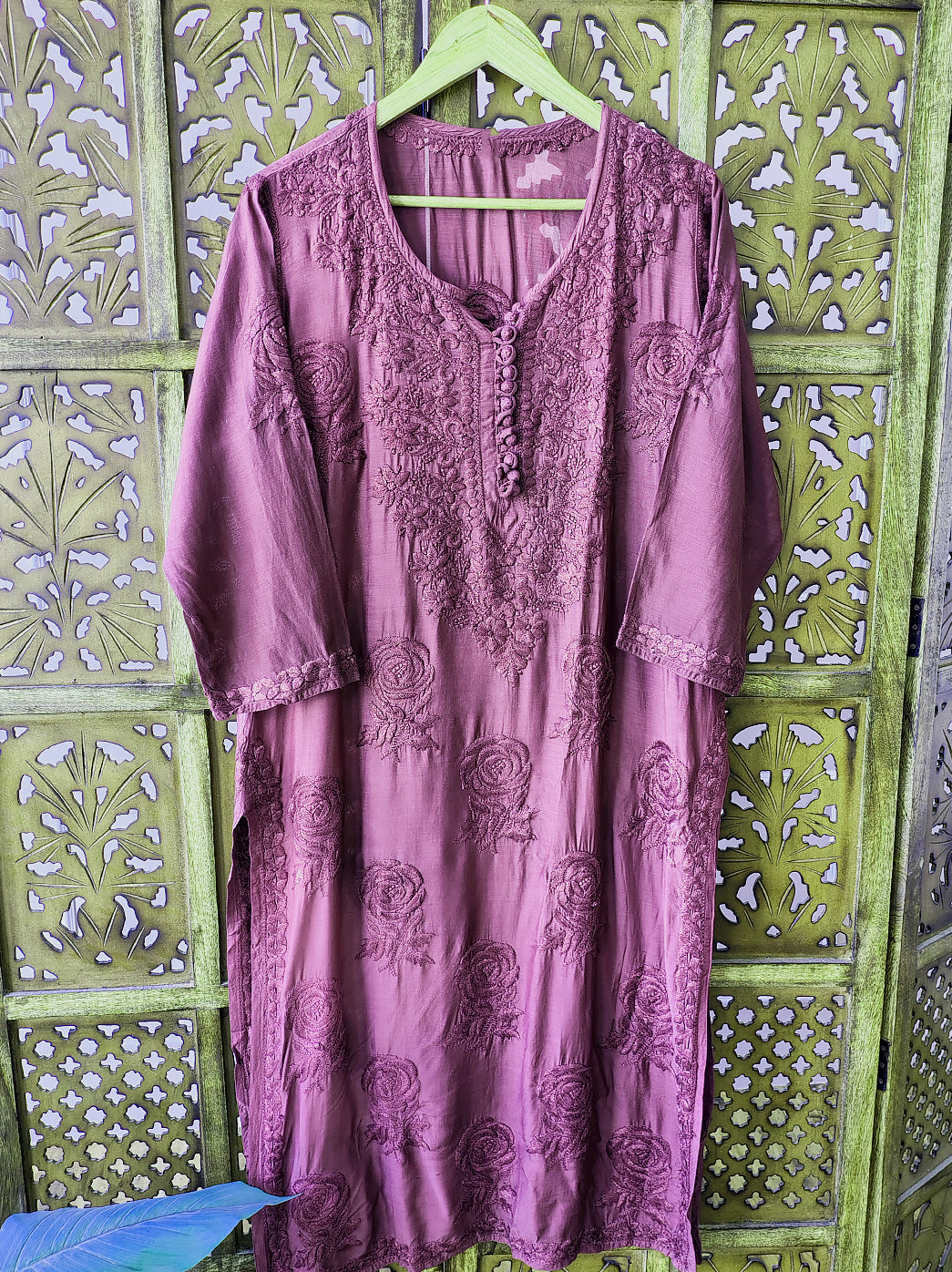 Wine Gulaab Muslin Chikankari Straight Kurti