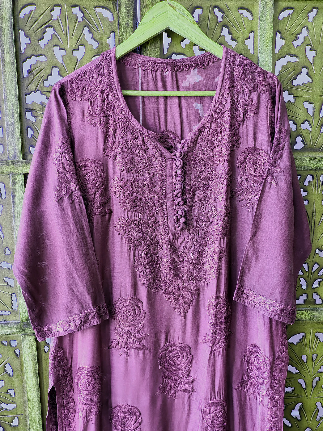 Wine Gulaab Muslin Chikankari Straight Kurti