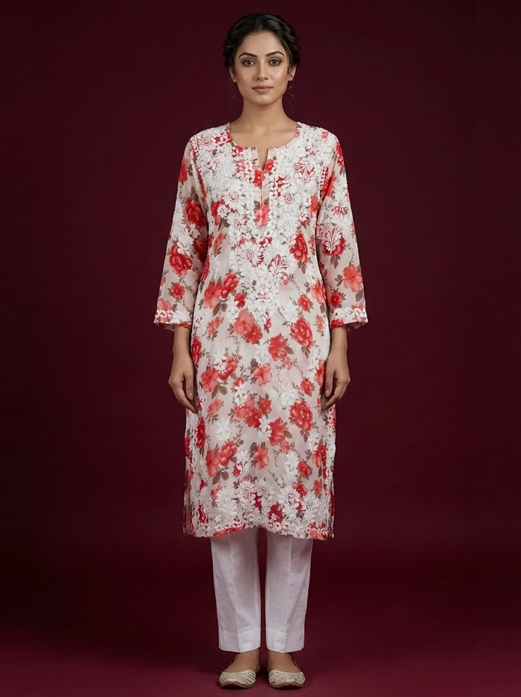 Red Mulmul Printed Chikankari Straight Kurti