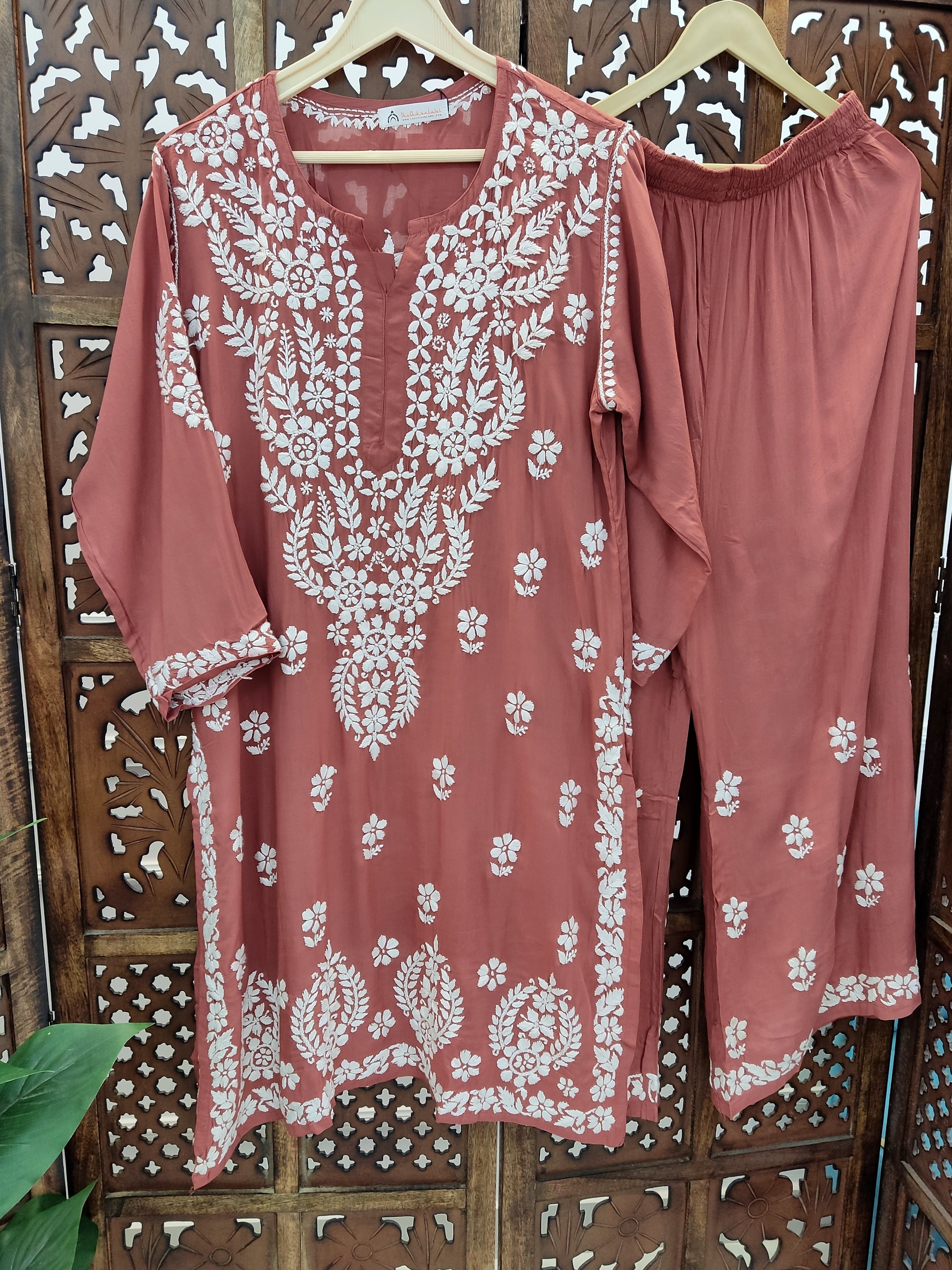 Coral Modal Chikankari Kurti Palazzo Set