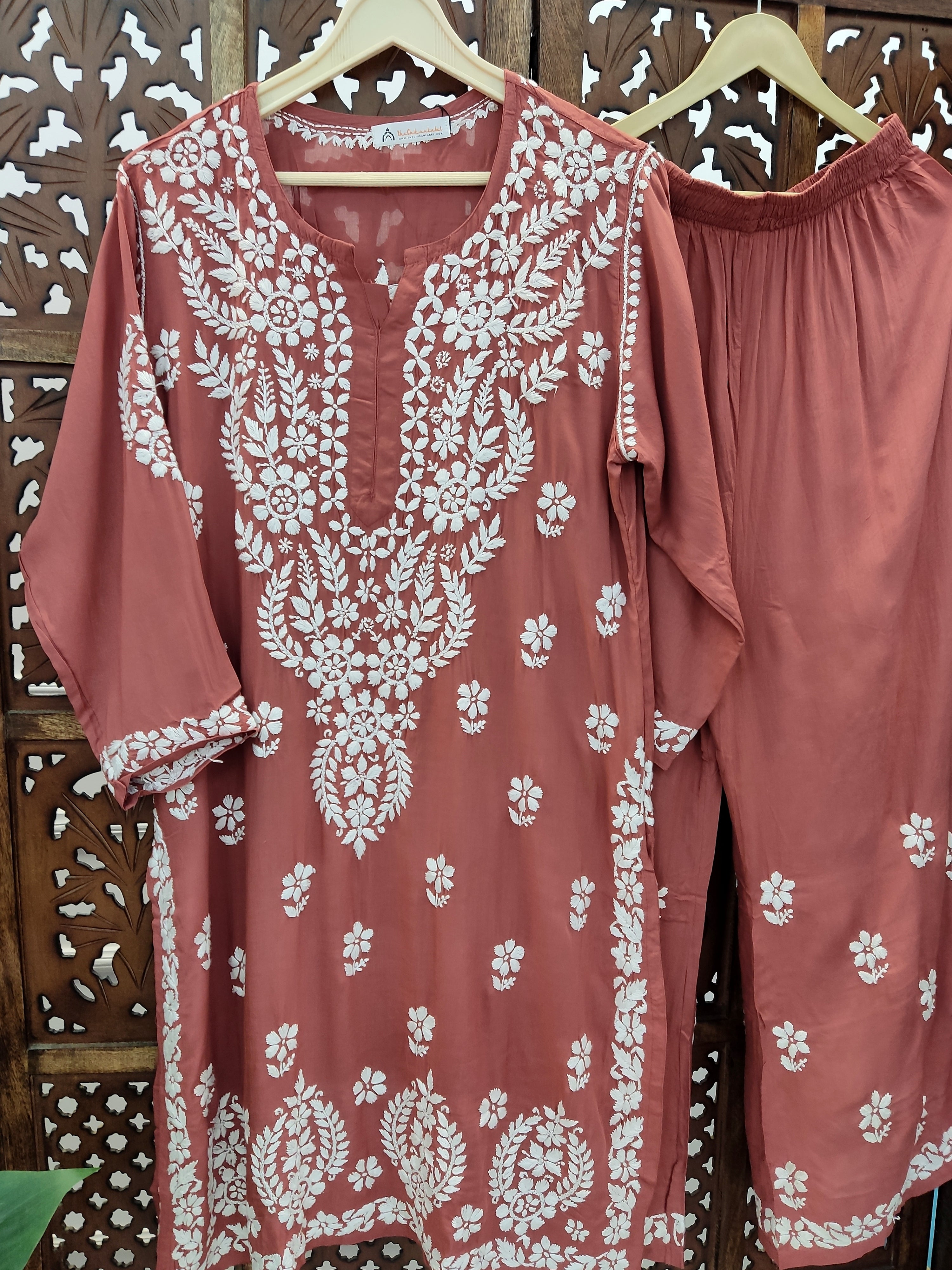 Coral Modal Chikankari Kurti Palazzo Set