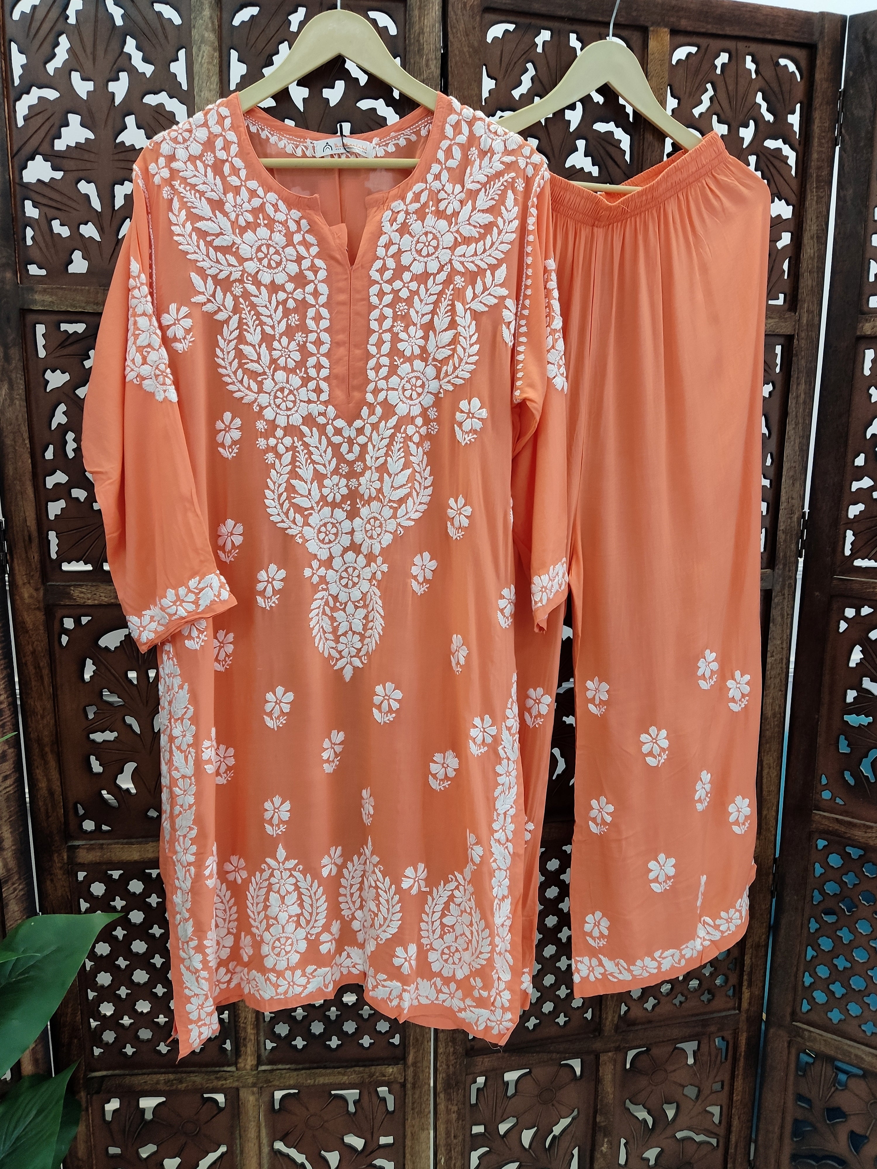 Peach Modal Chikankari Kurti Palazzo Set