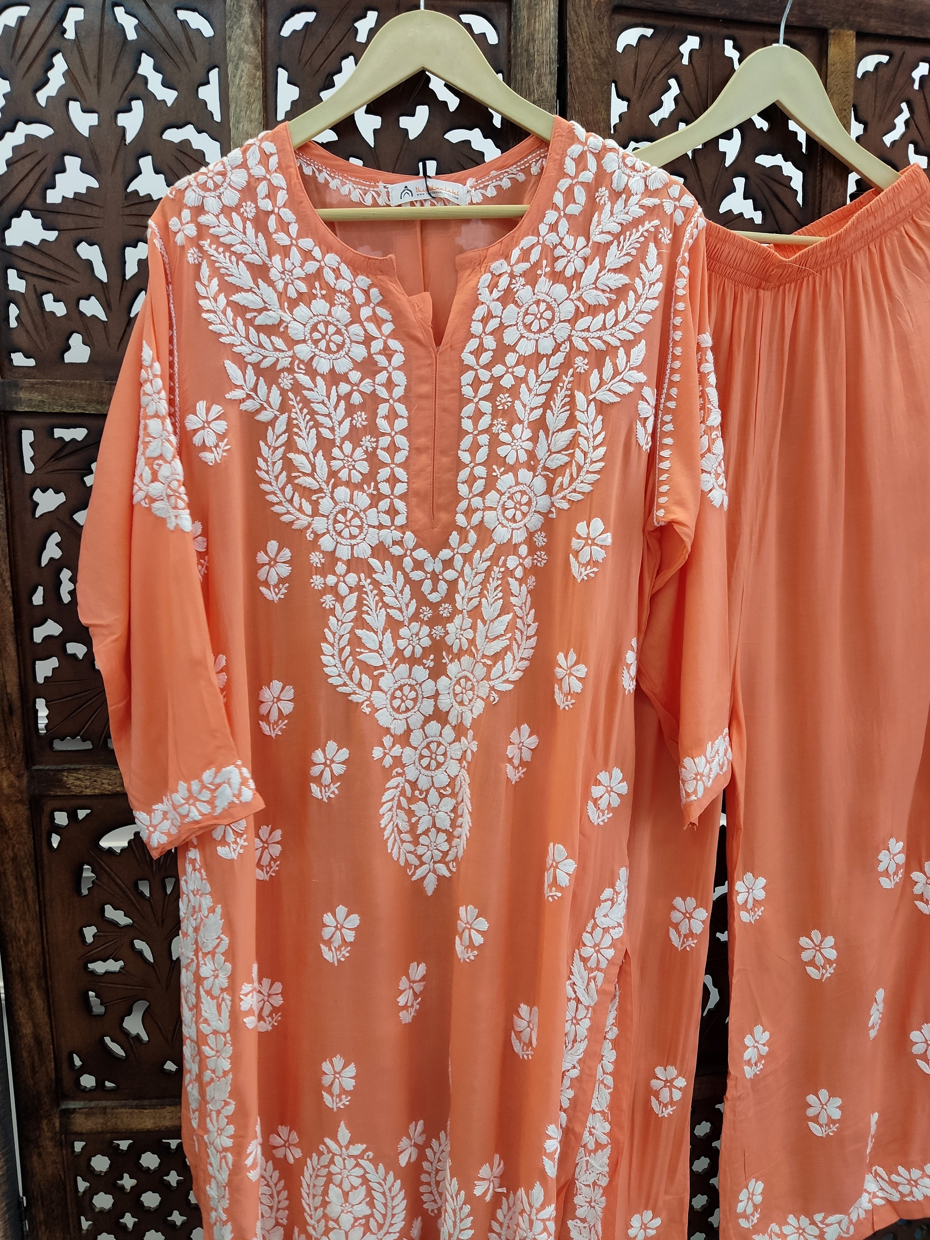 Peach Modal Chikankari Kurti Palazzo Set