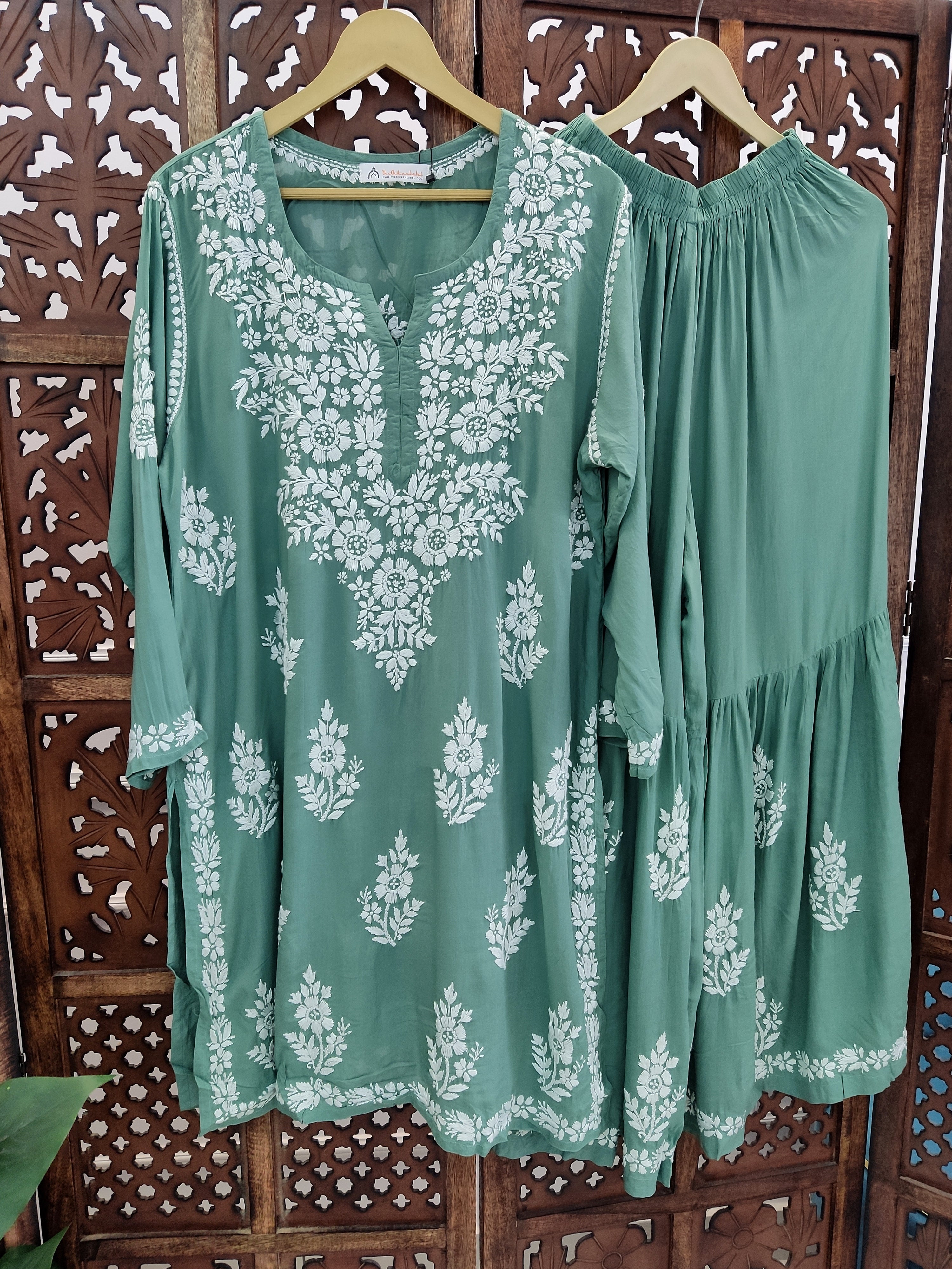 Green Modal Chikankari Kurti Palazzo Set