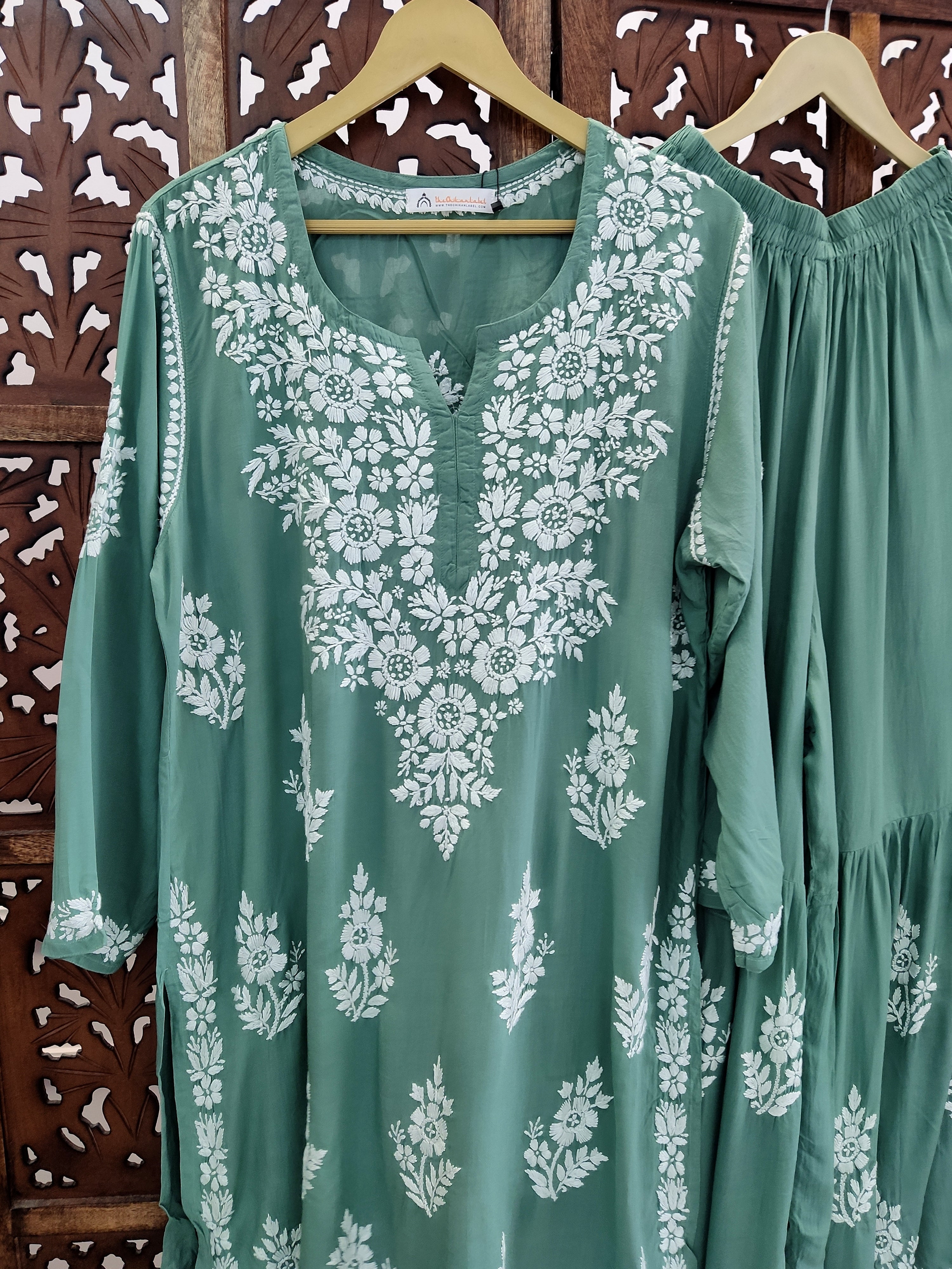 Green Modal Chikankari Kurti Palazzo Set