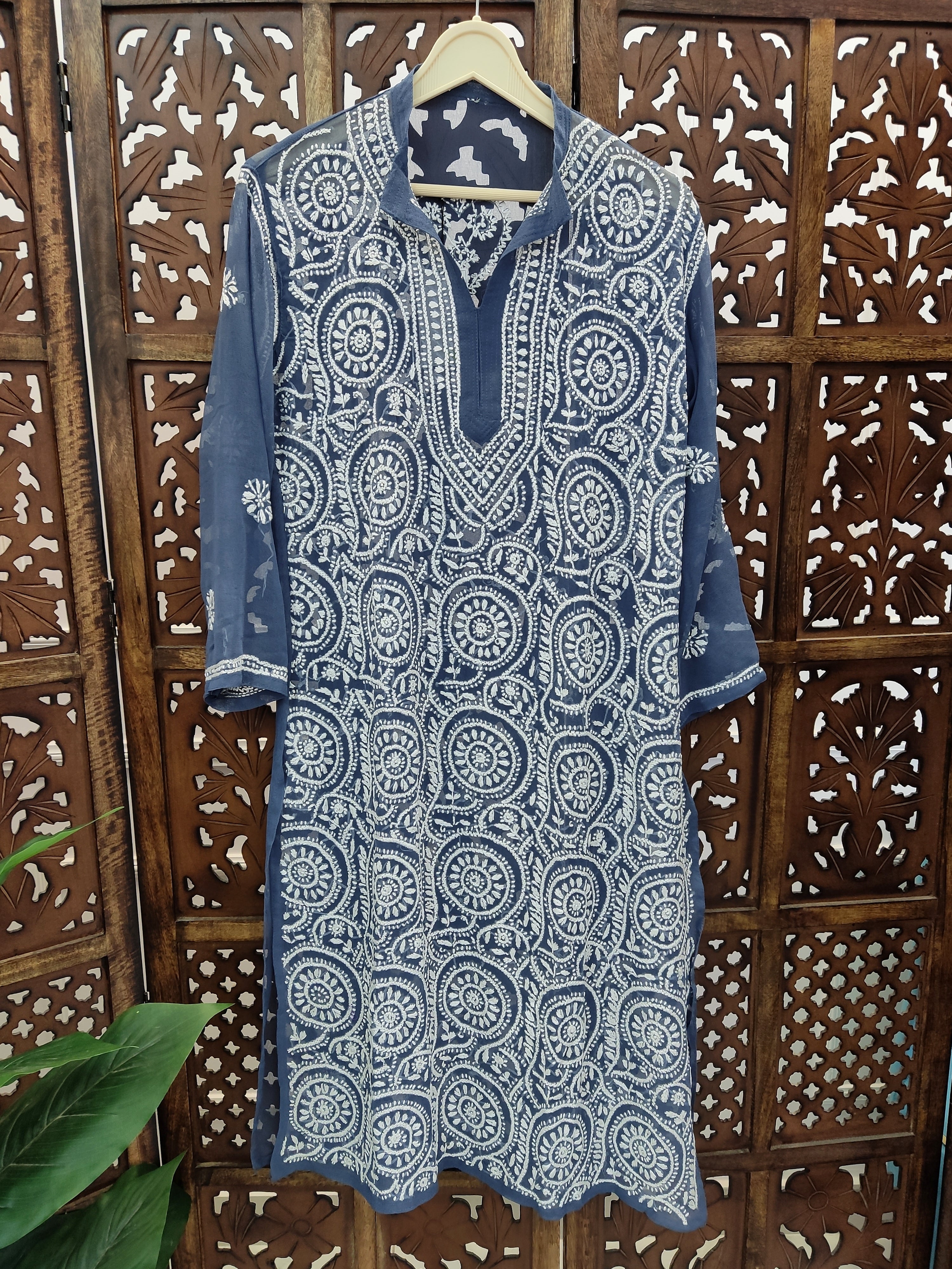 Dark Grey Georgette Chikankari Straight Kurti