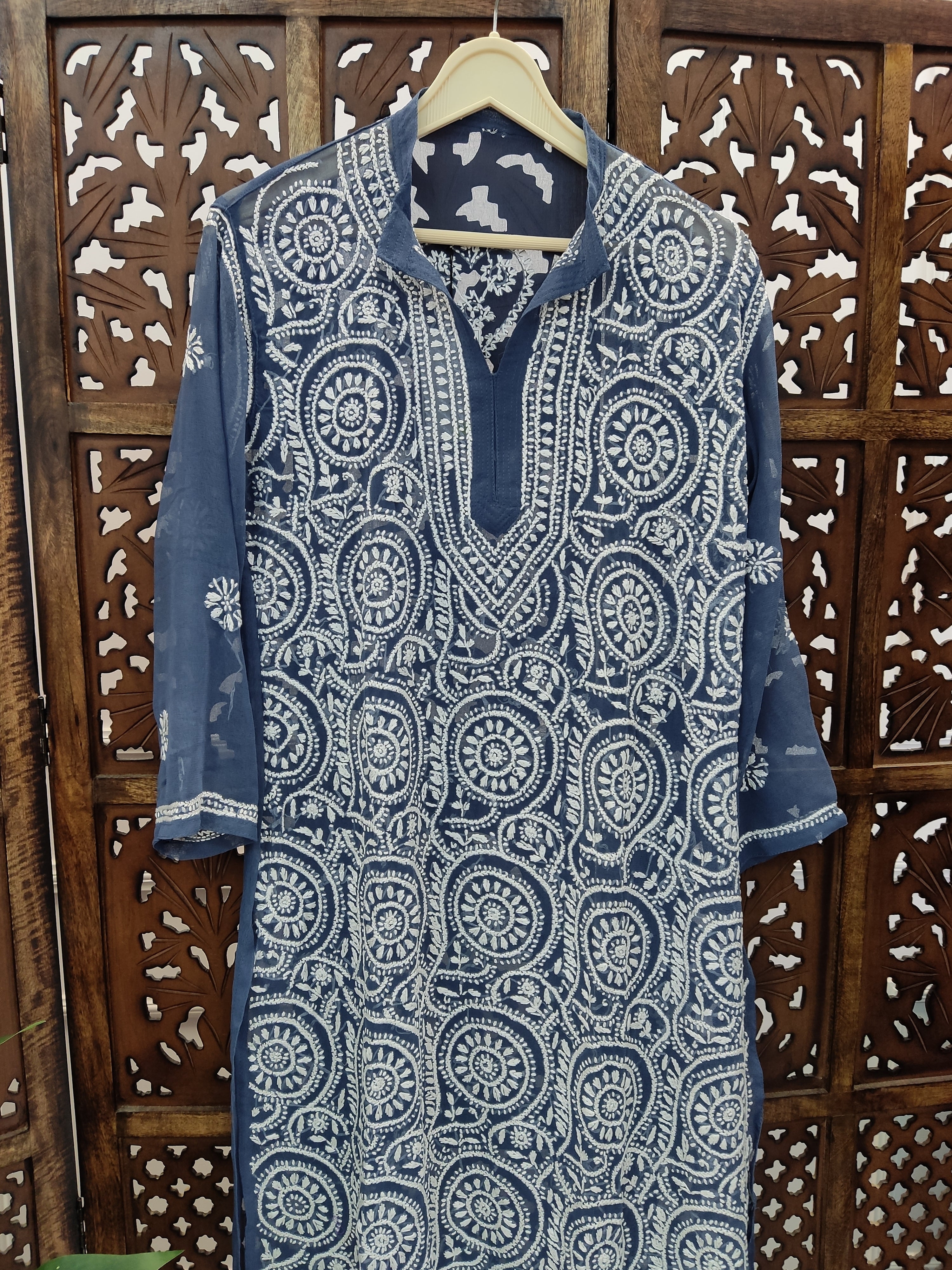 Dark Grey Georgette Chikankari Straight Kurti