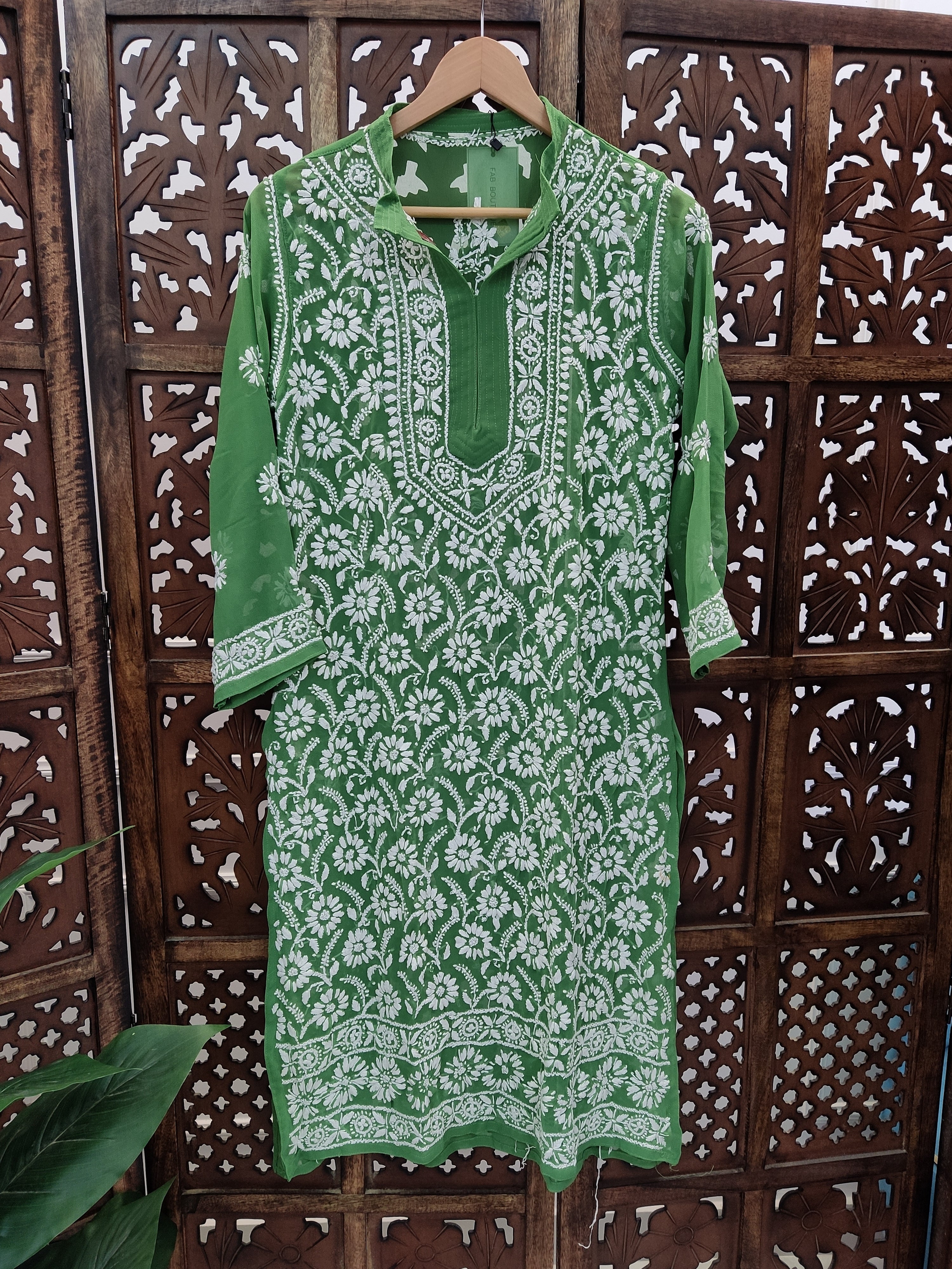 Green Georgette Chikankari Straight Kurti