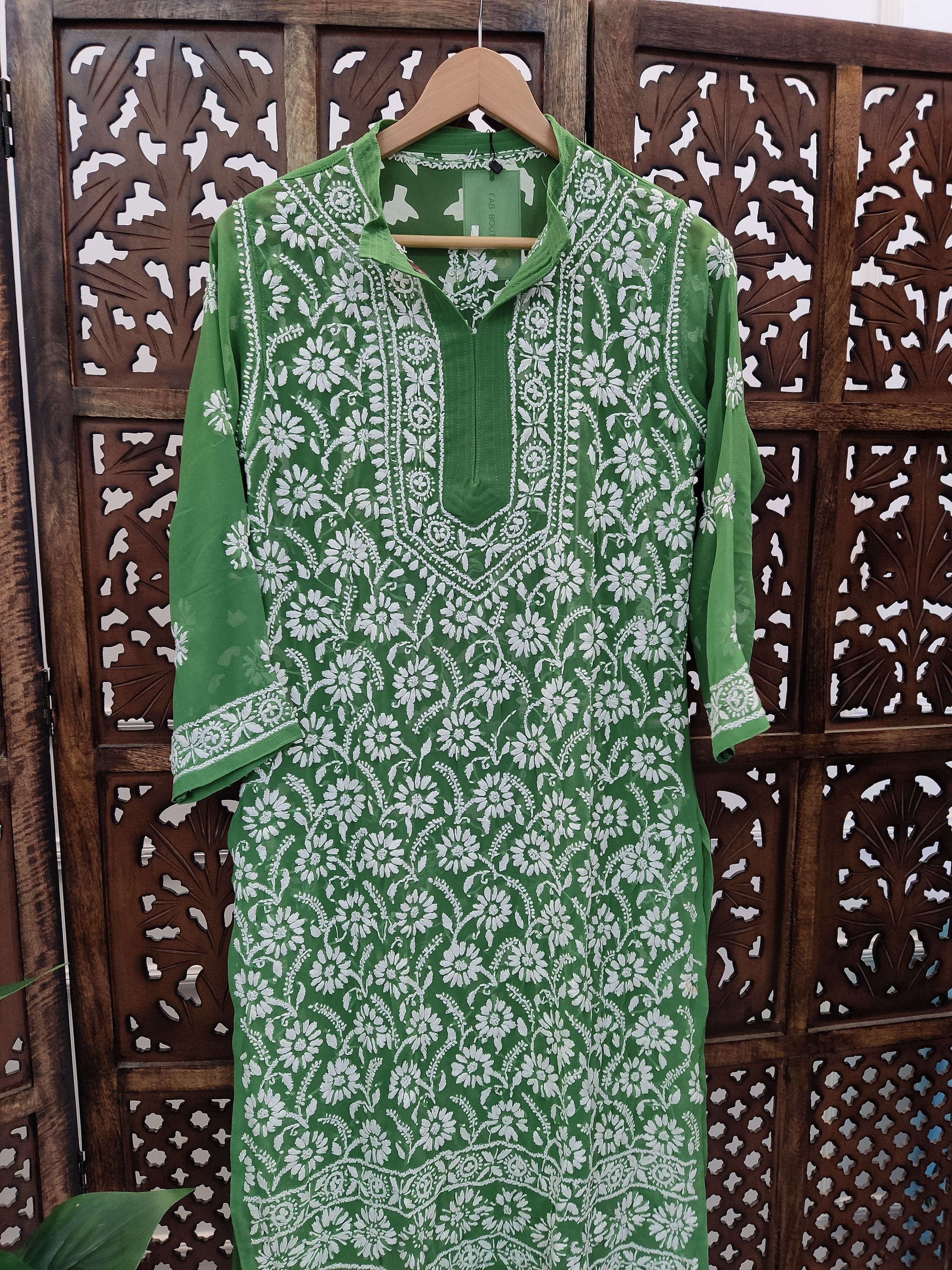 Green Georgette Chikankari Straight Kurti