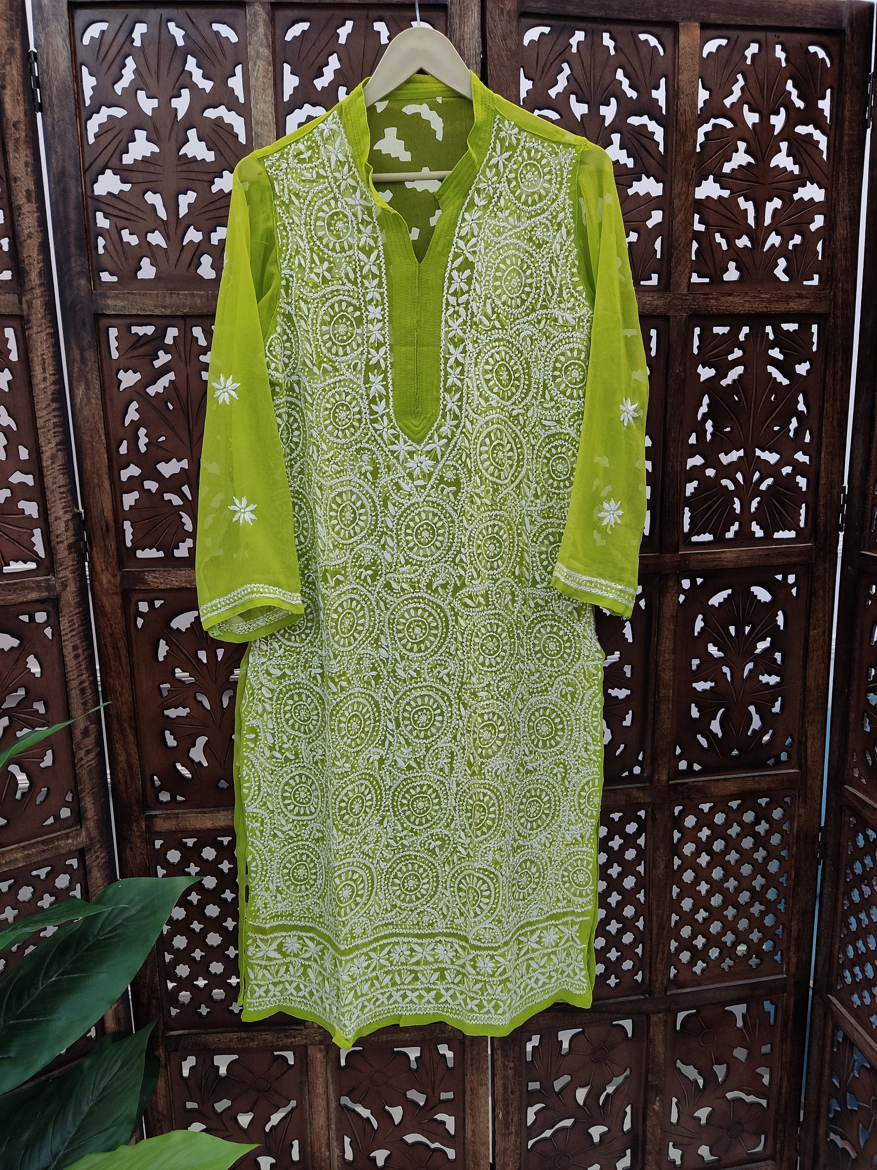 Pista Green Georgette Chikankari Straight Kurti