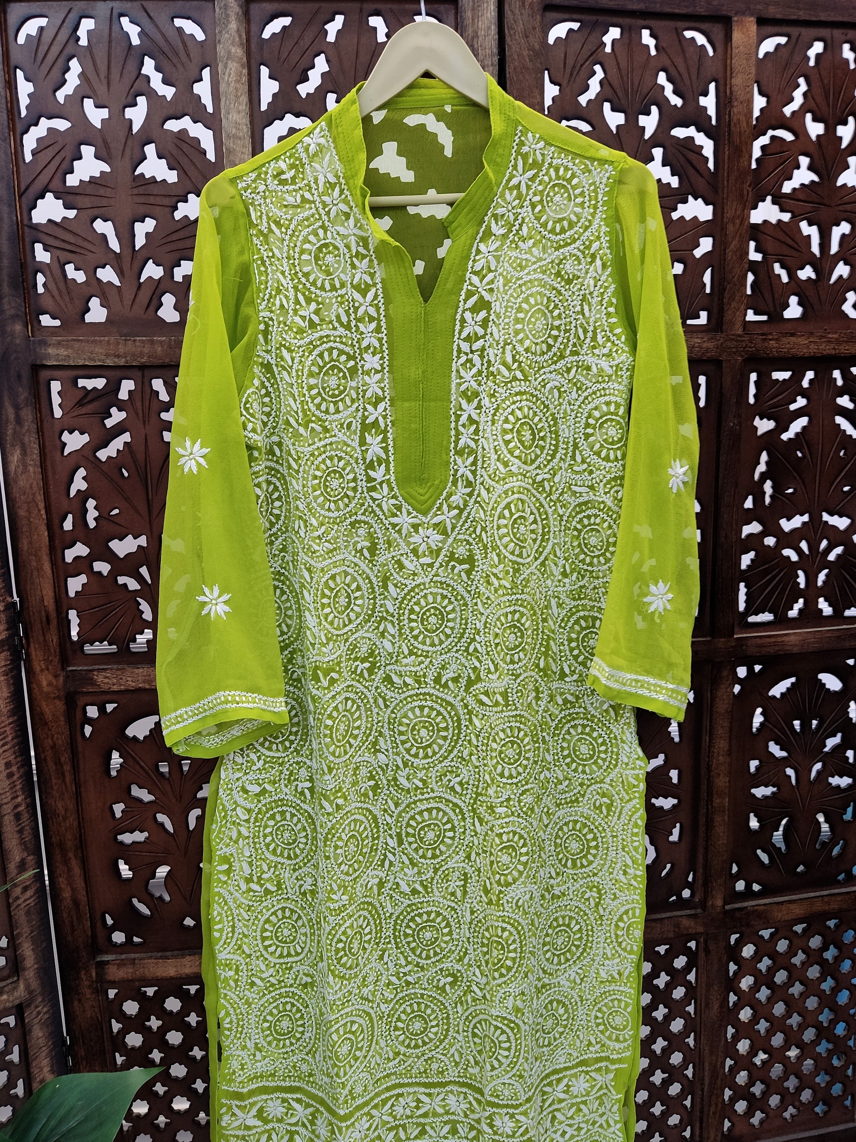 Pista Green Georgette Chikankari Straight Kurti