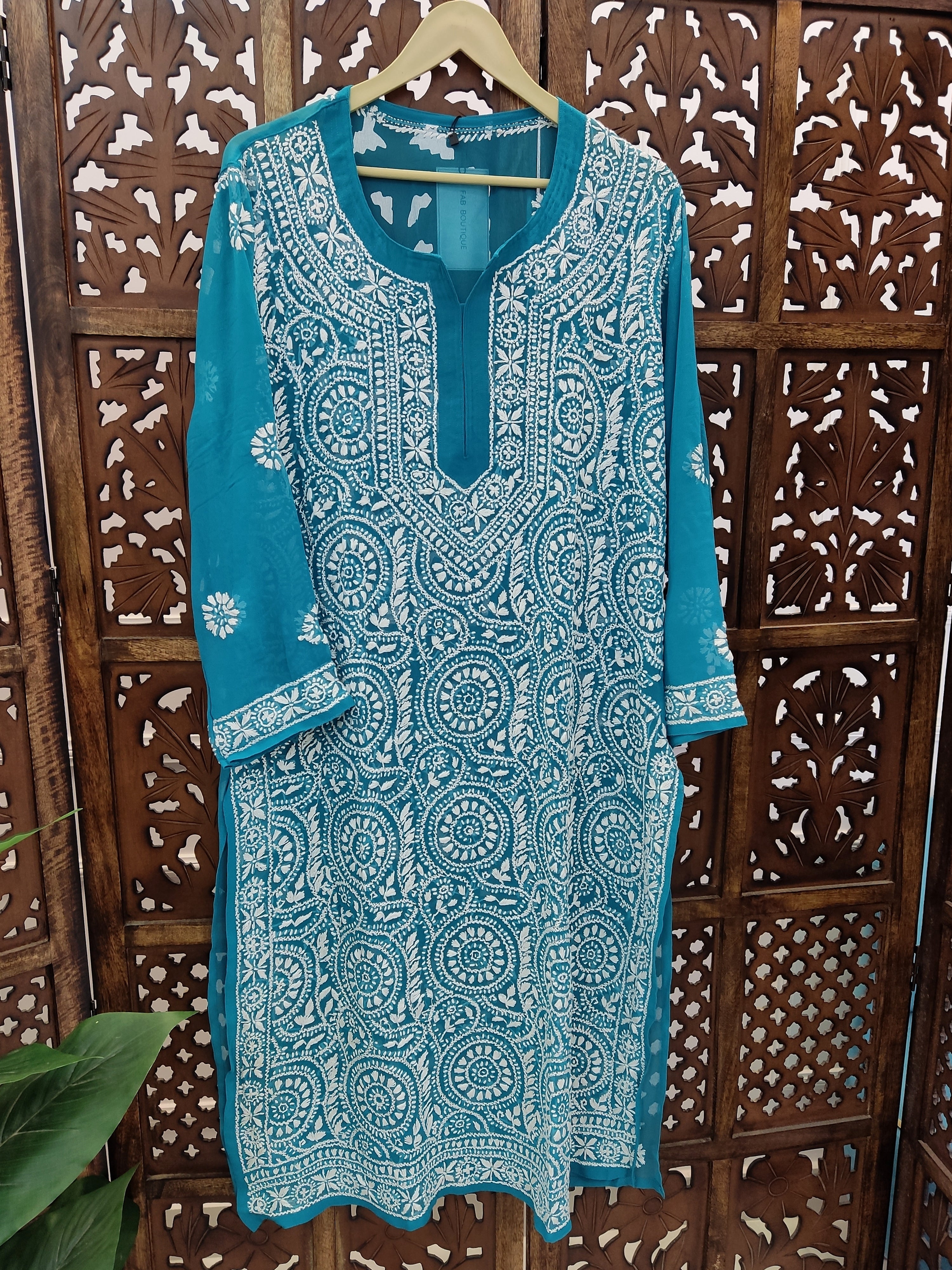 Teal Green Georgette Chikankari Straight Kurti