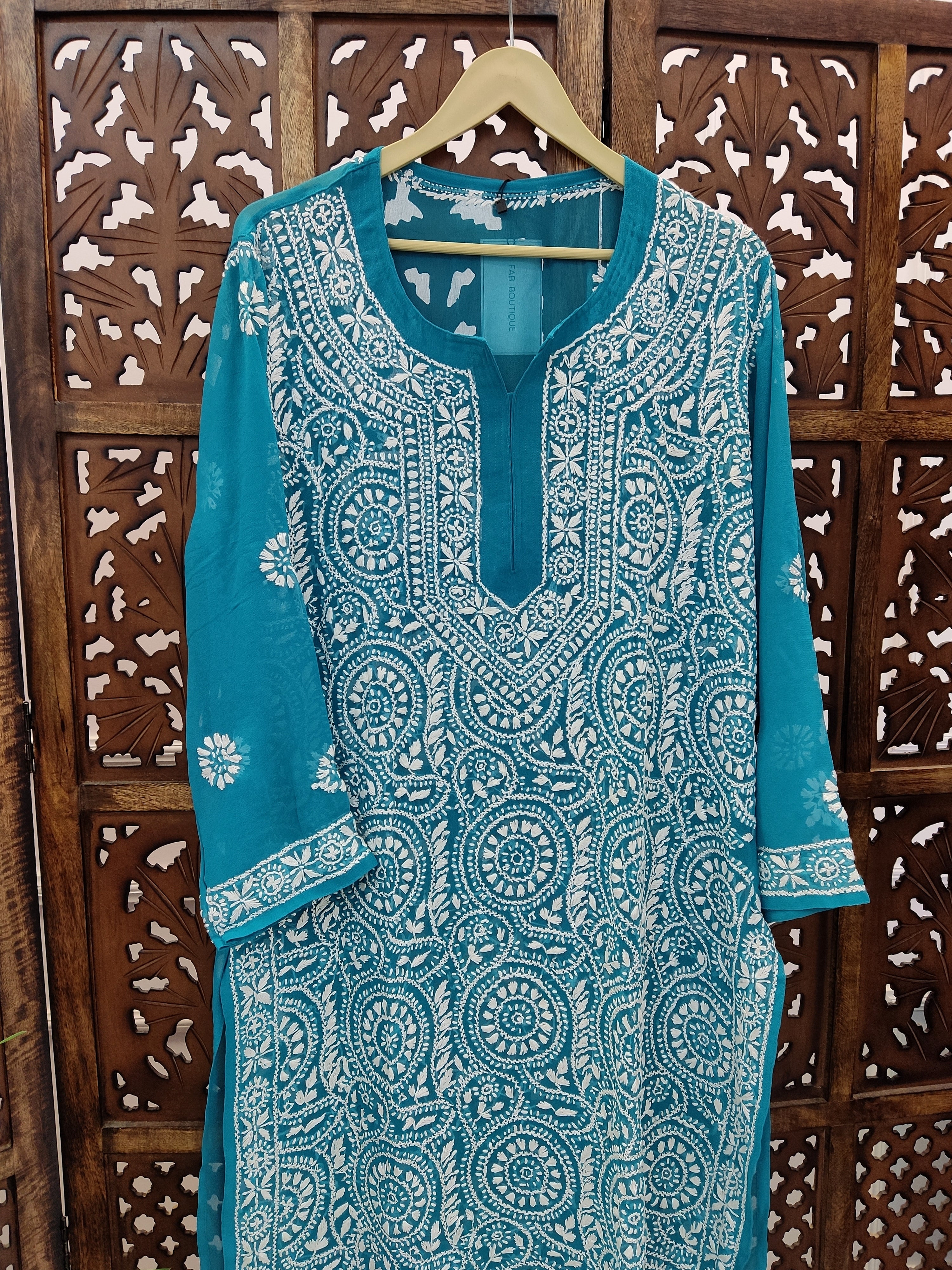 Teal Green Georgette Chikankari Straight Kurti