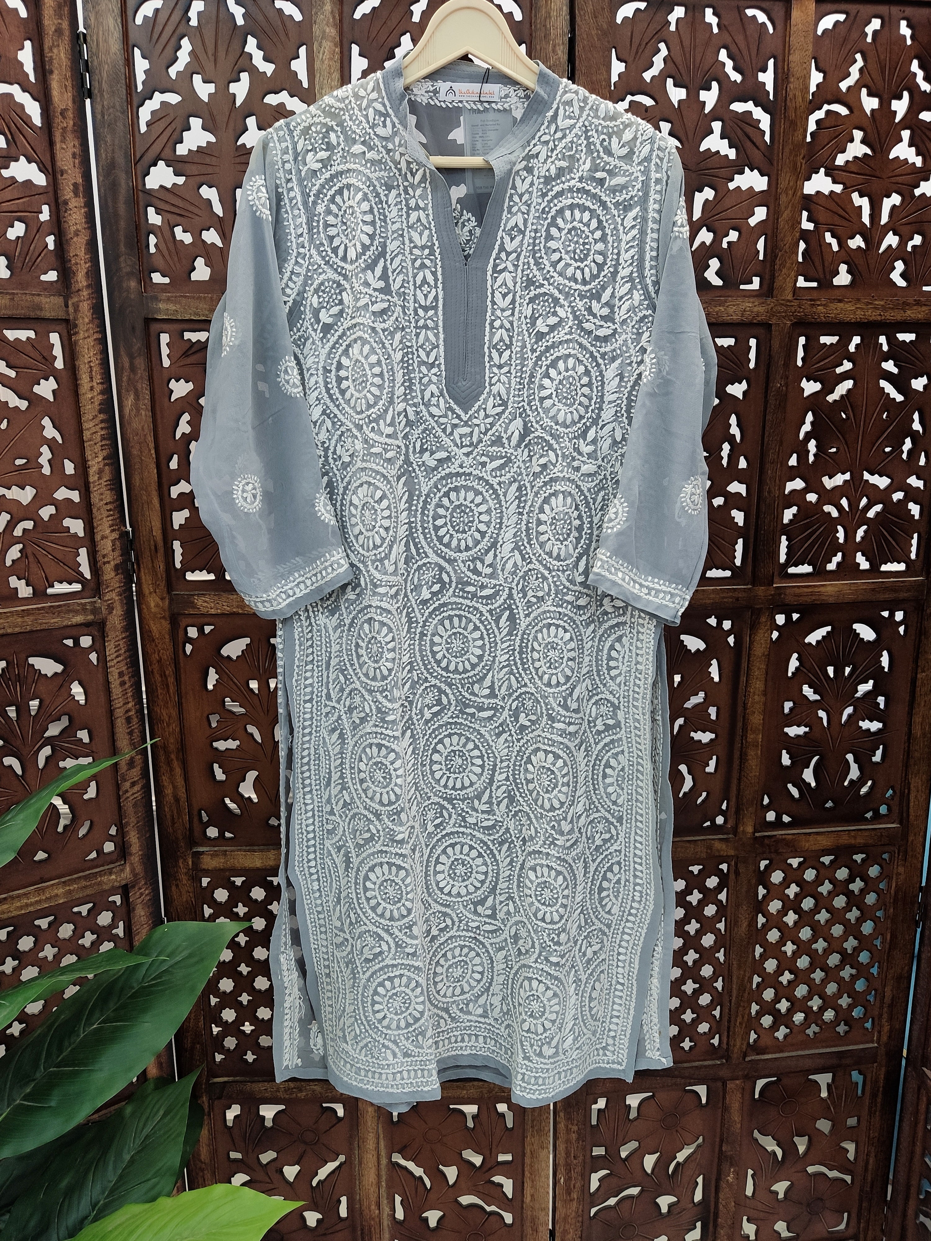 Grey Georgette Chikankari Straight Kurti