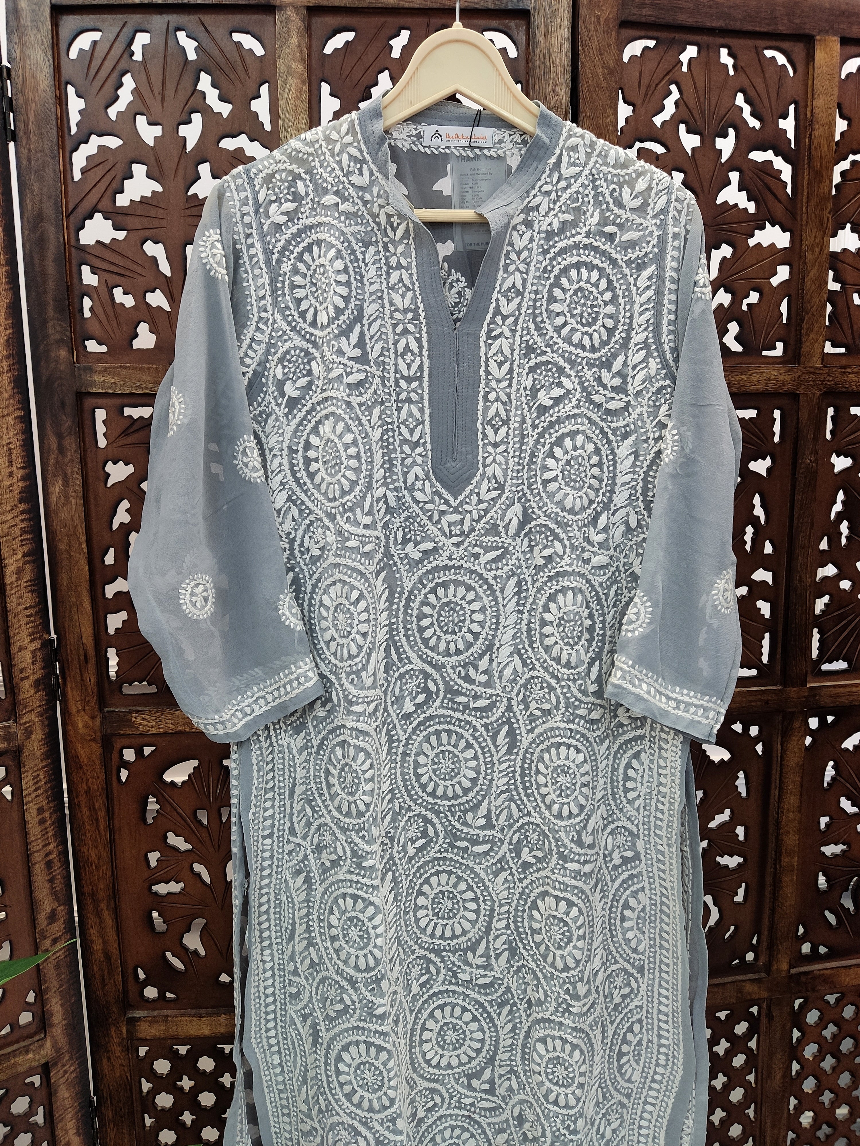 Grey Georgette Chikankari Straight Kurti