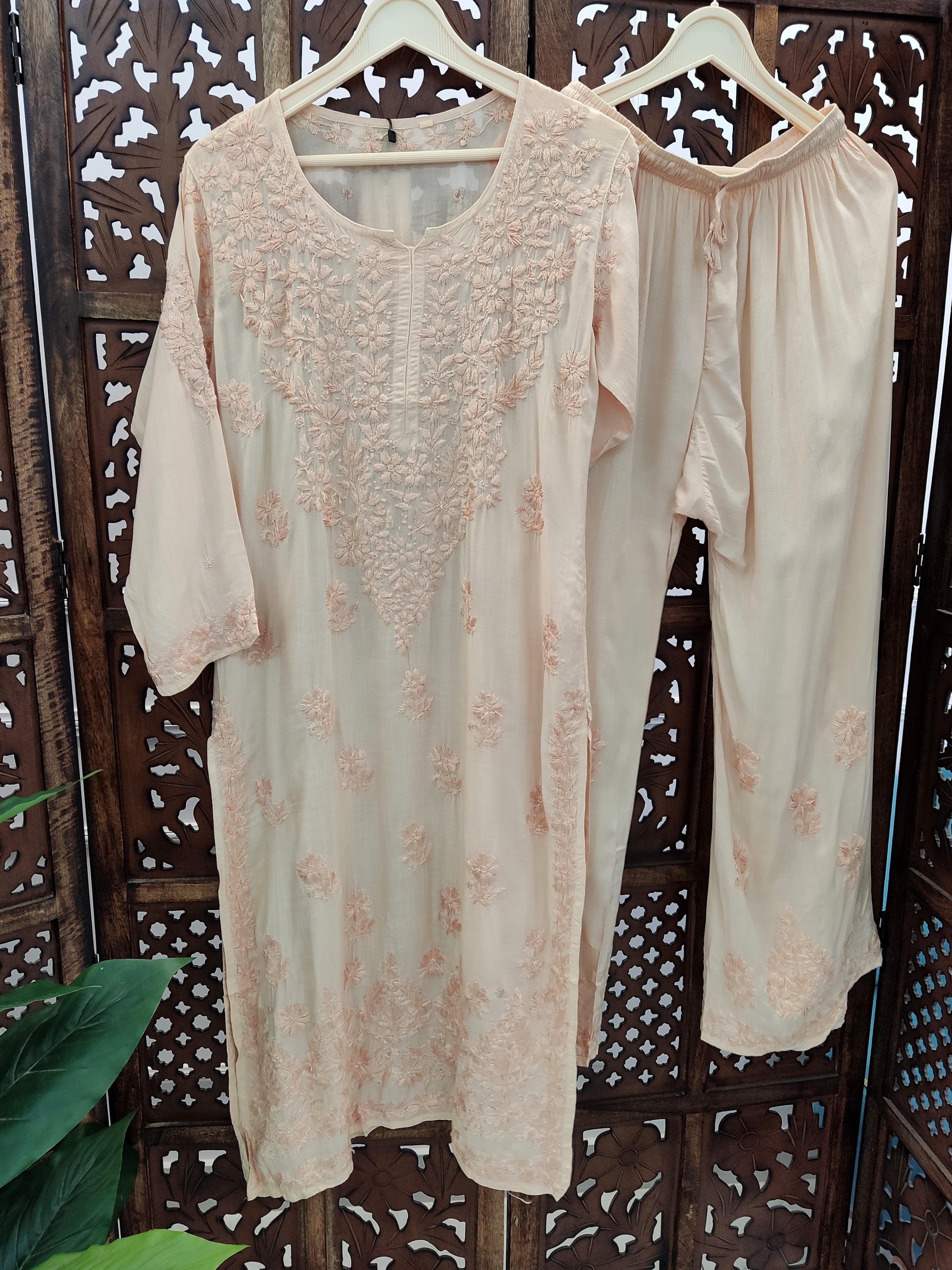 Beige Modal Chikankari Kurti Palazzo Set