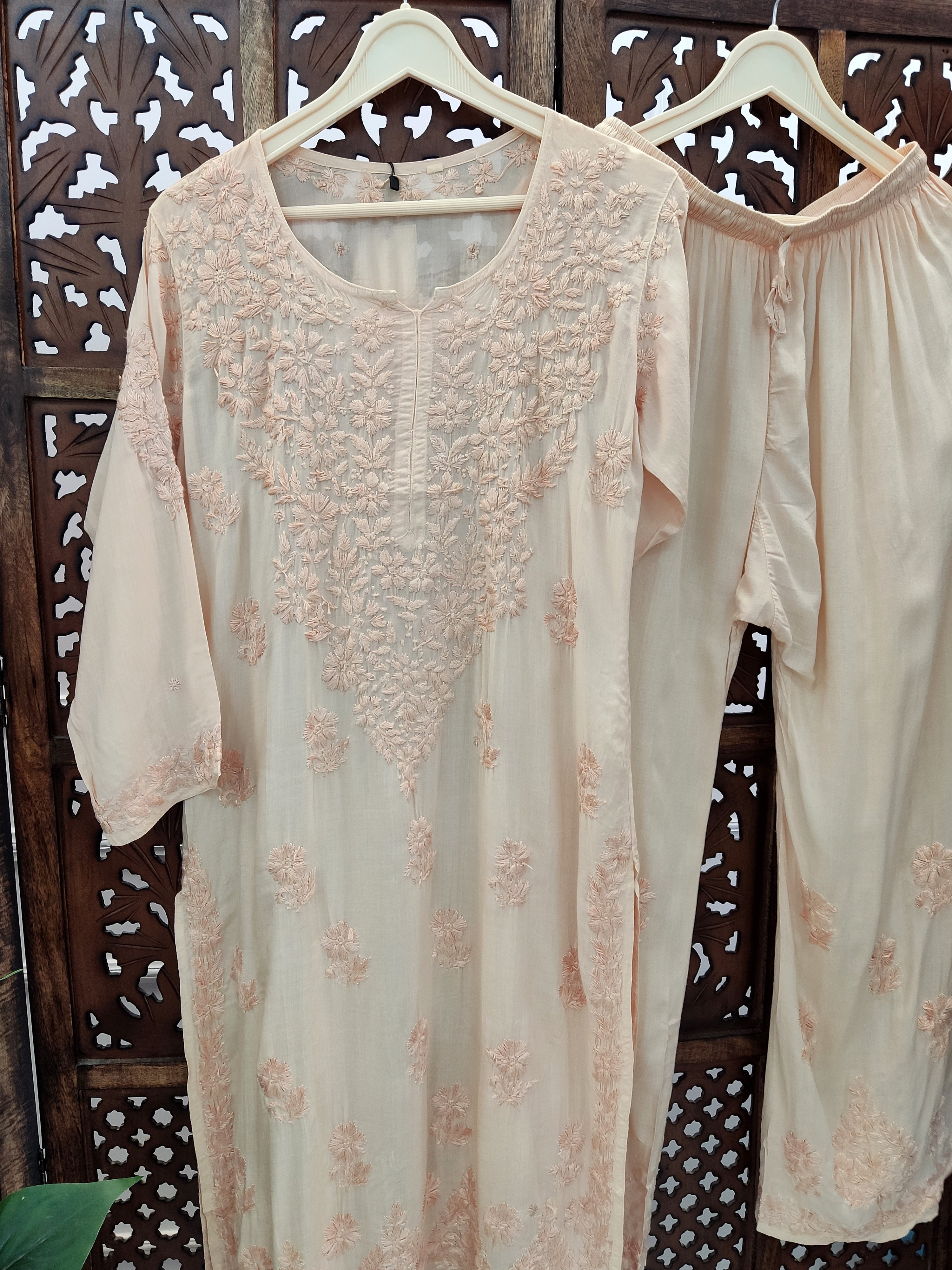 Beige Modal Chikankari Kurti Palazzo Set