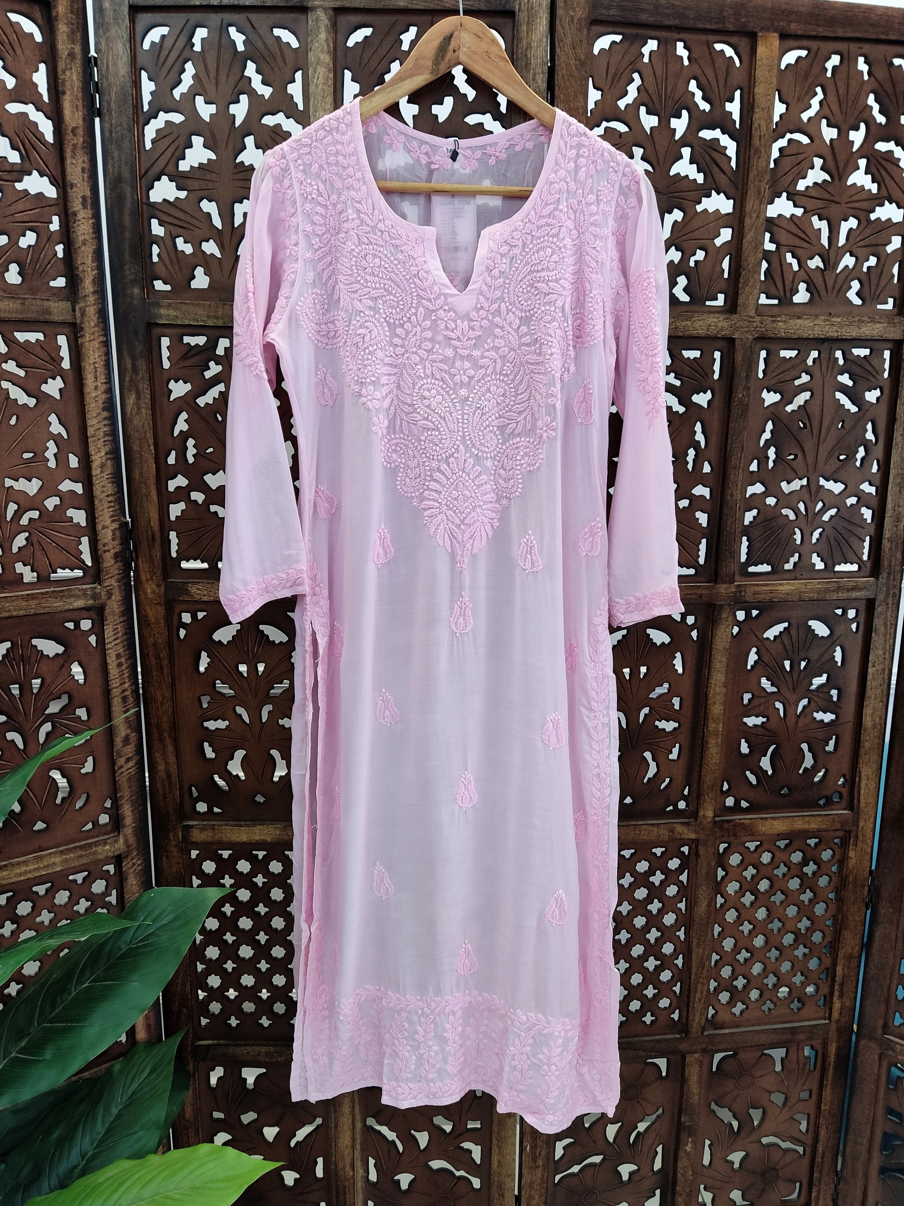 Baby Pink Muslin Chikankari Straight Kurti