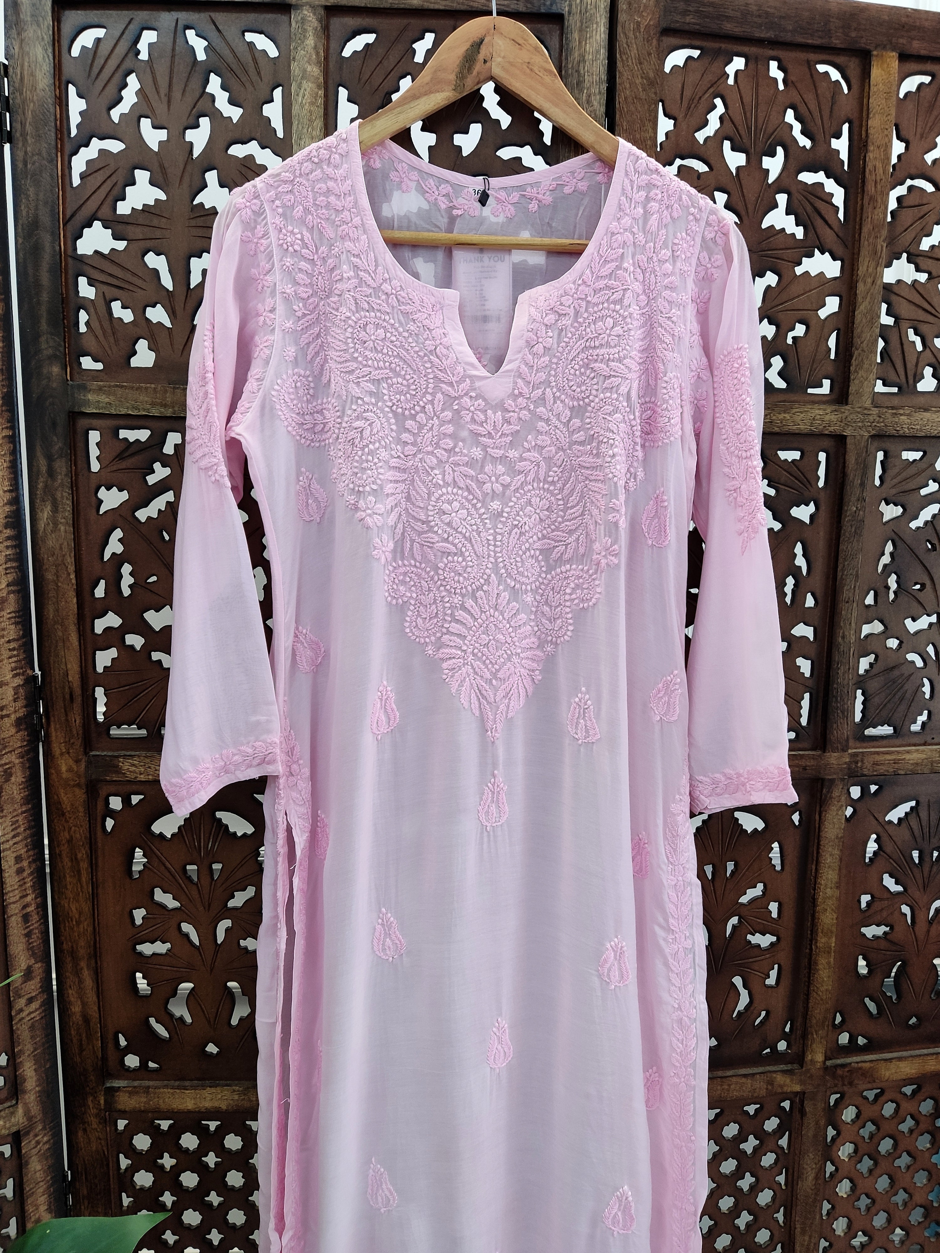 Baby Pink Muslin Chikankari Straight Kurti