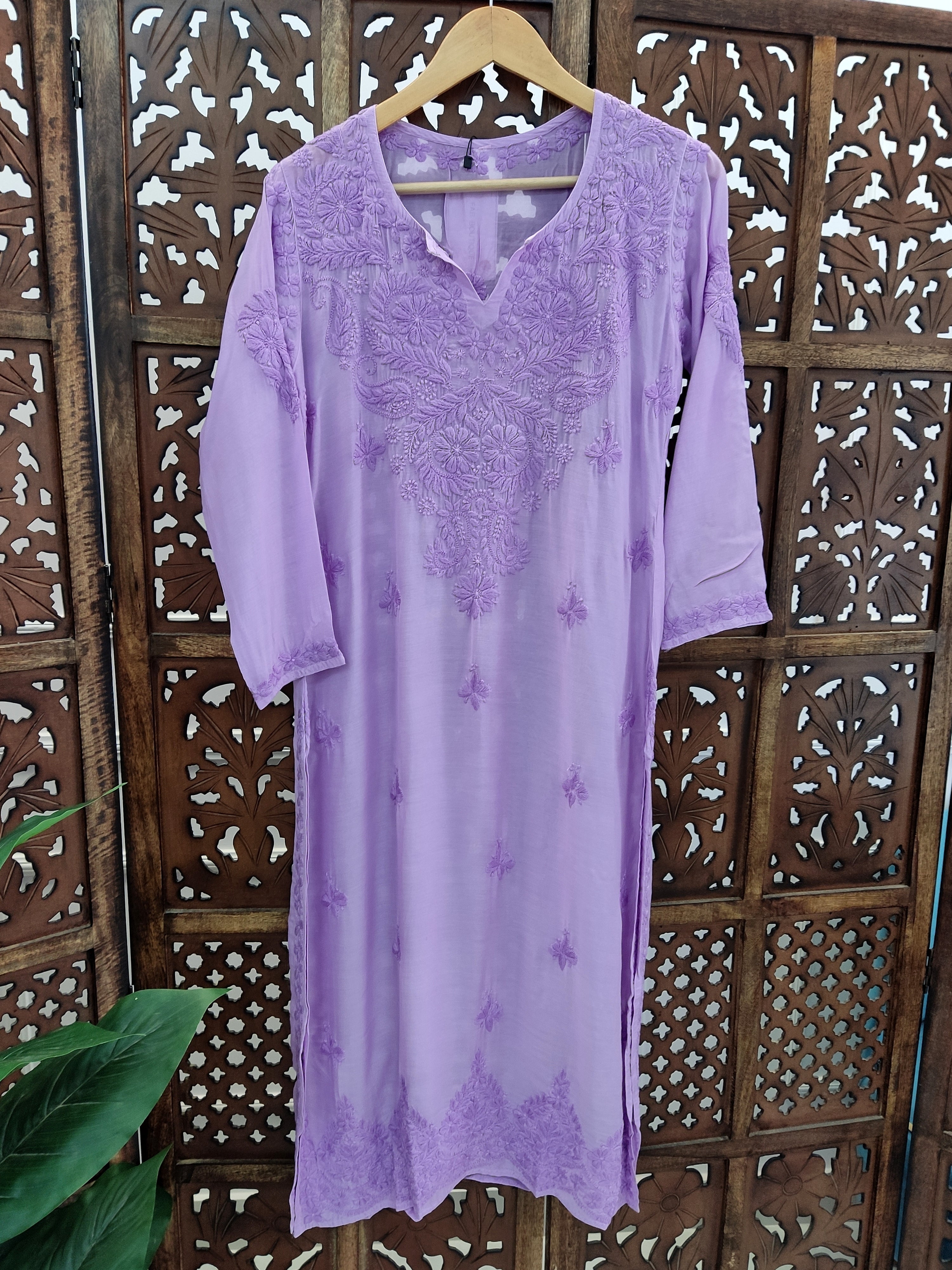 Lavender Muslin Chikankari Straight Kurti