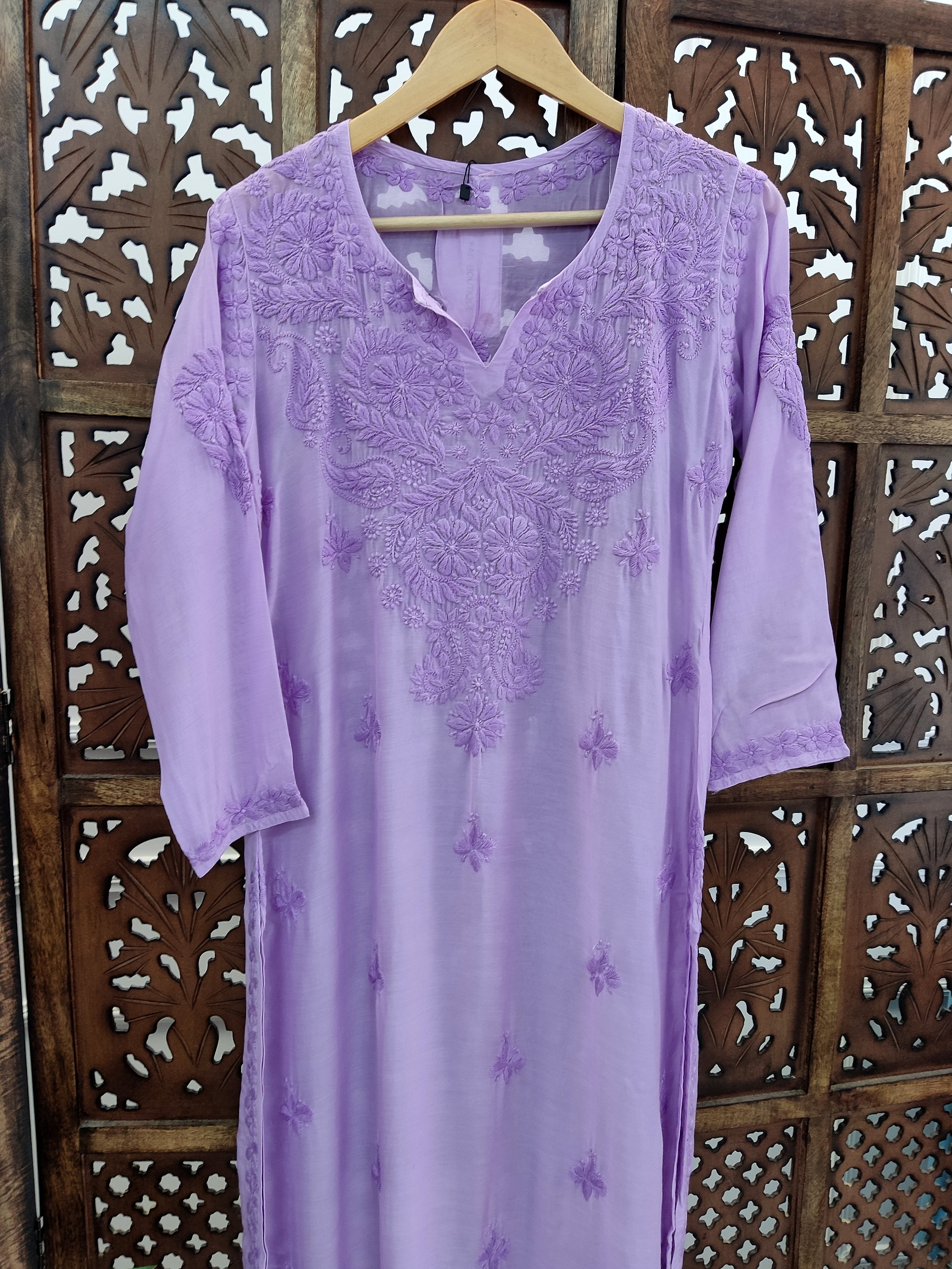 Lavender Muslin Chikankari Straight Kurti