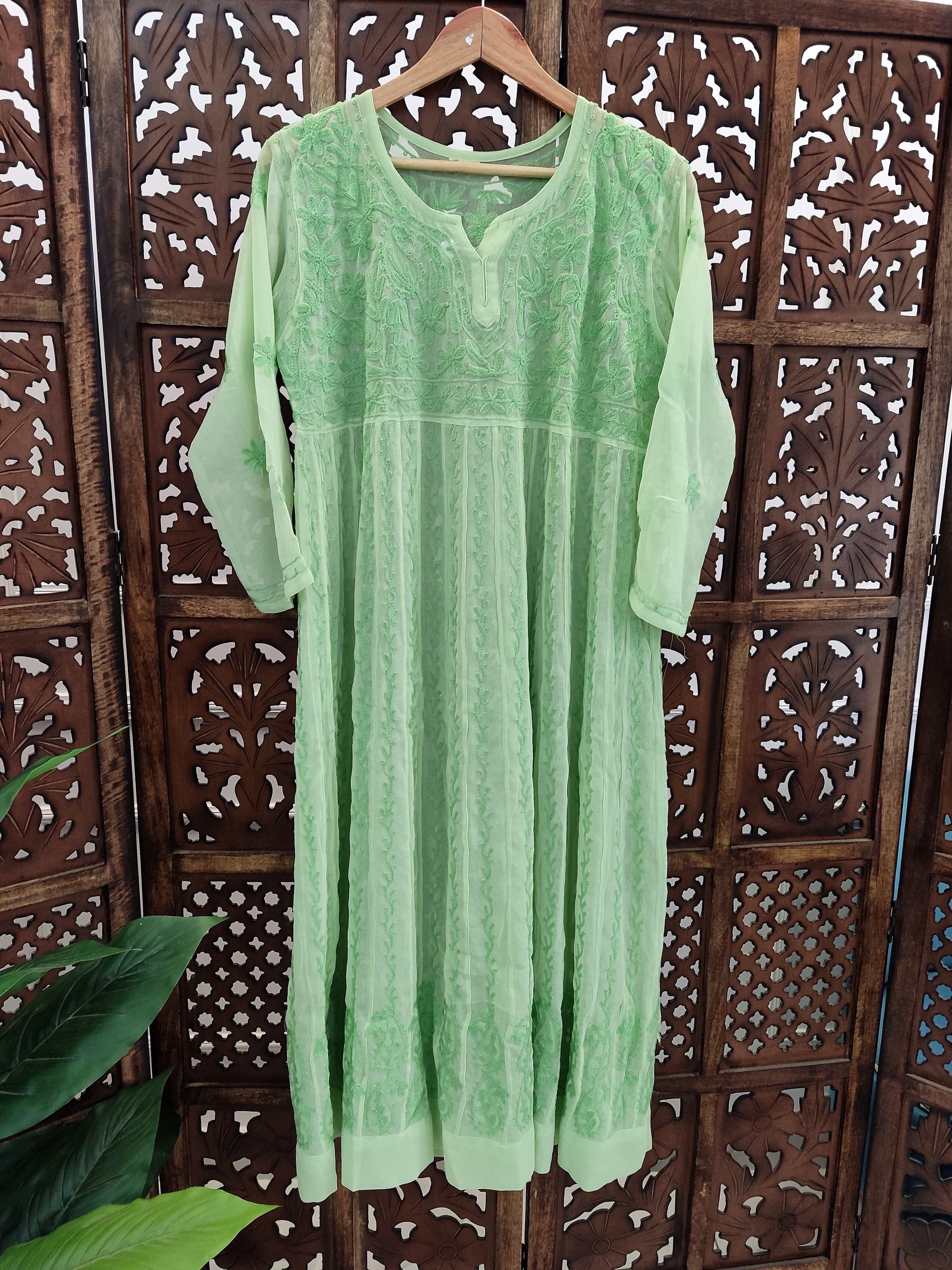 Green Georgette Chikankari Anarkali Kurti