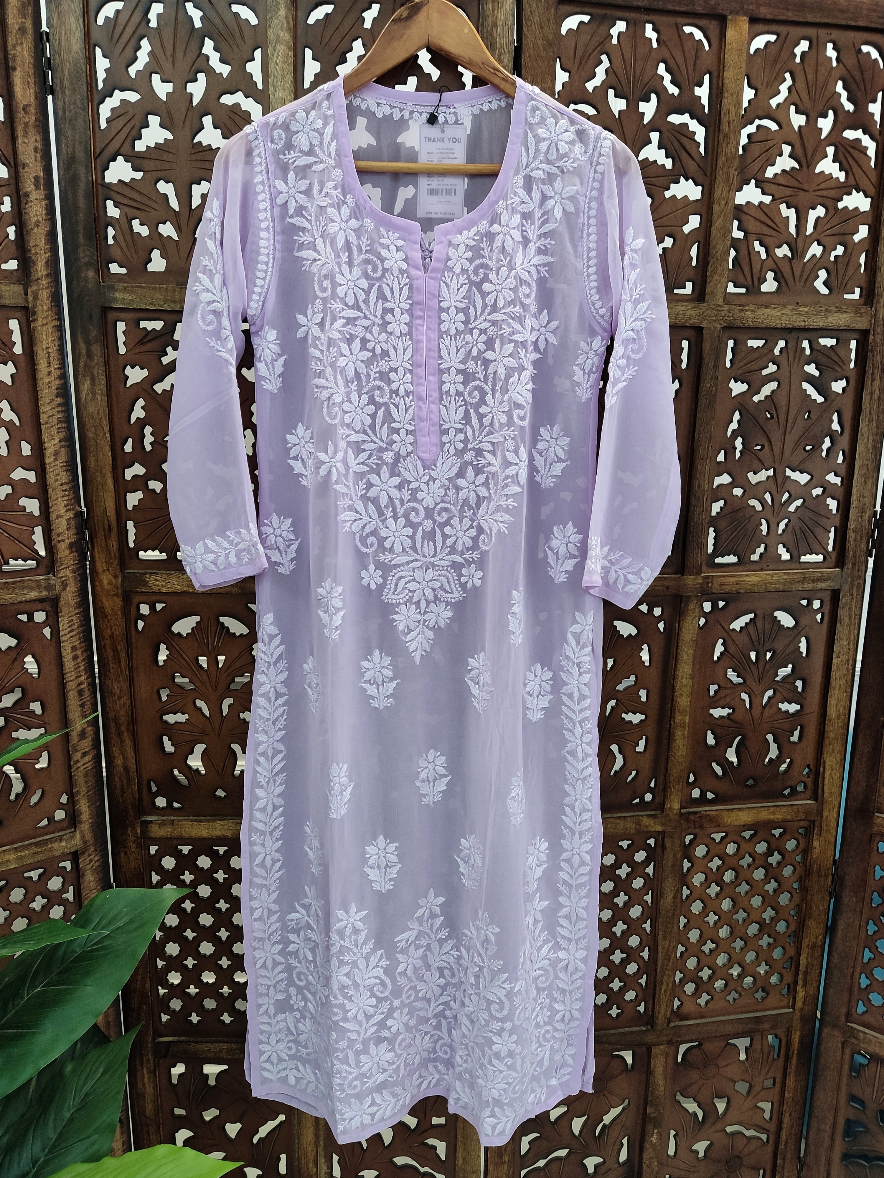 Lavender Georgette Chikankari Straight Kurti