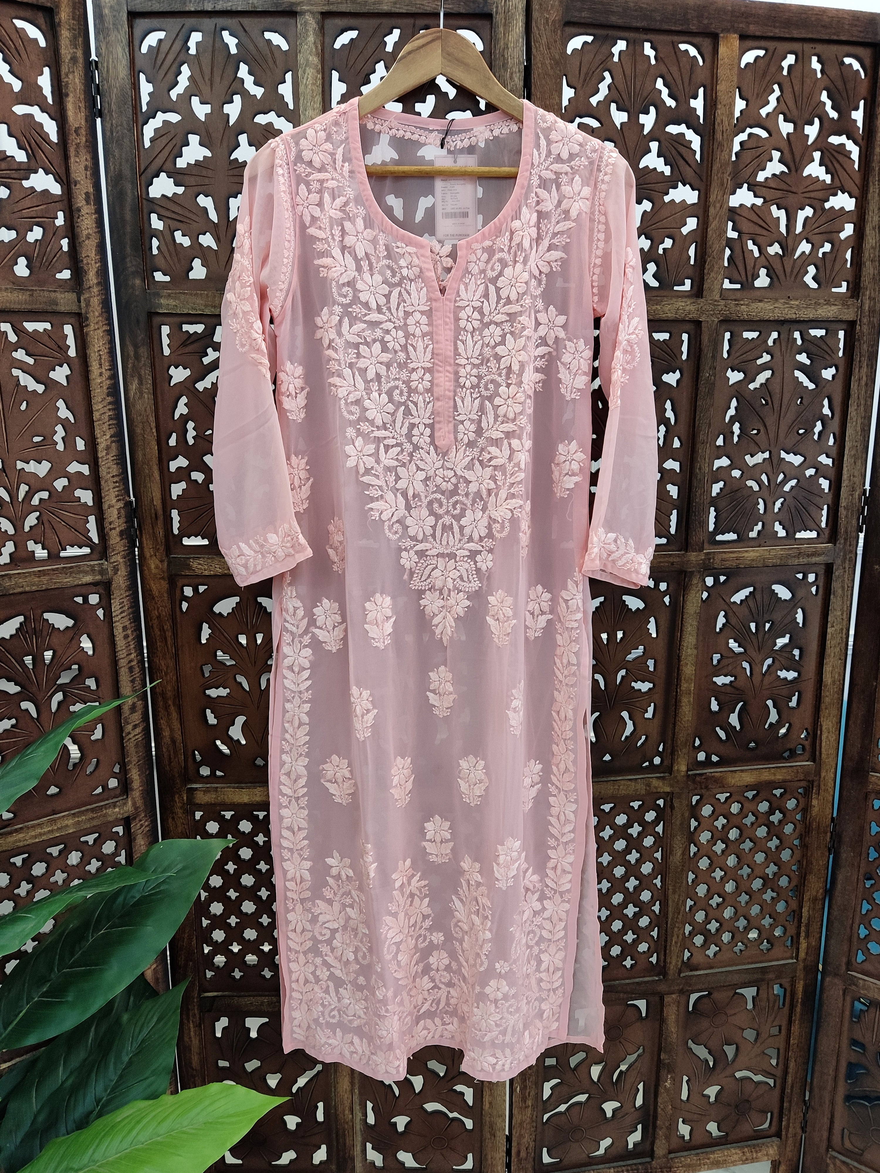 Peach Georgette Chikankari Straight Kurti