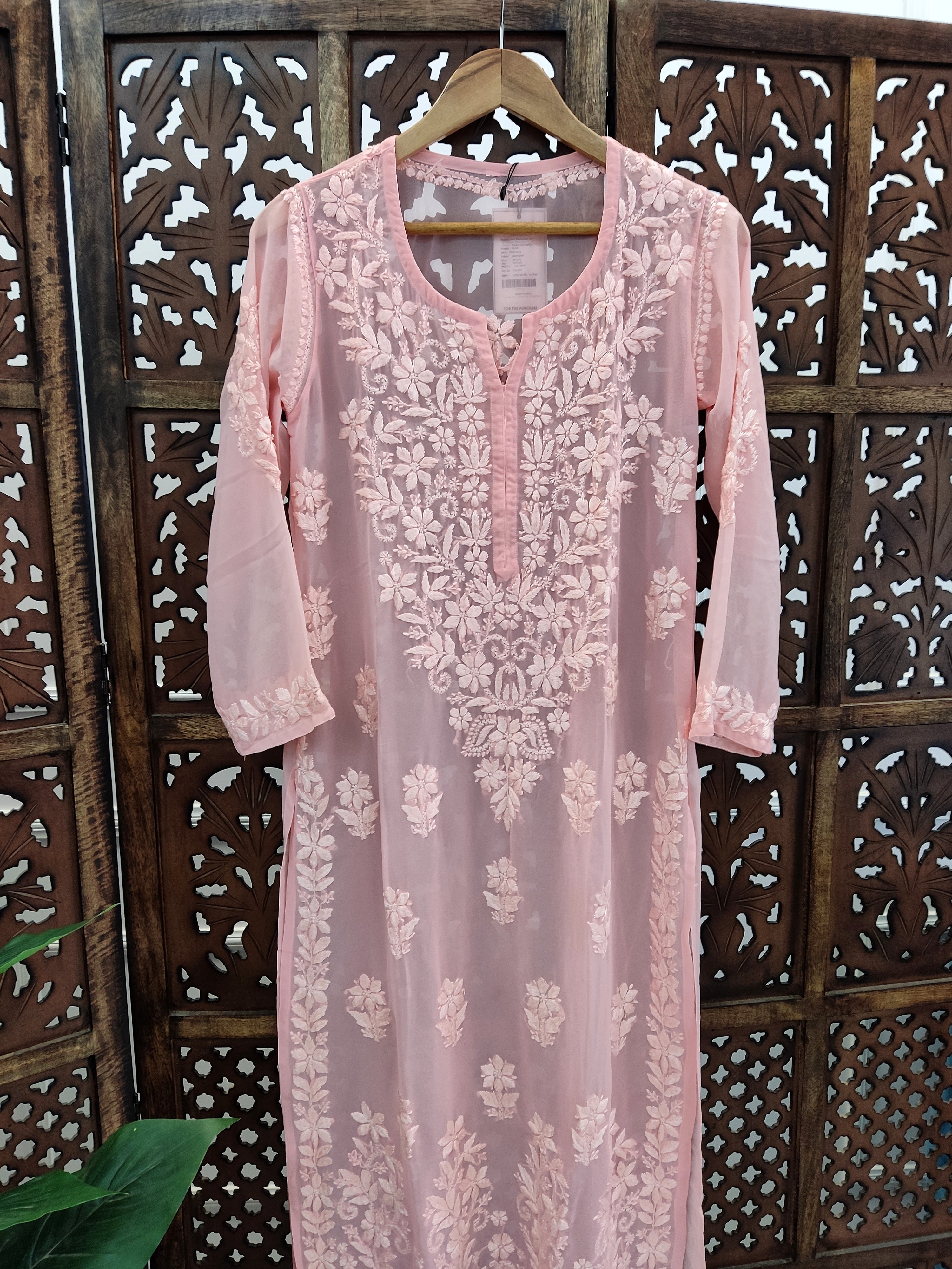 Peach Georgette Chikankari Straight Kurti