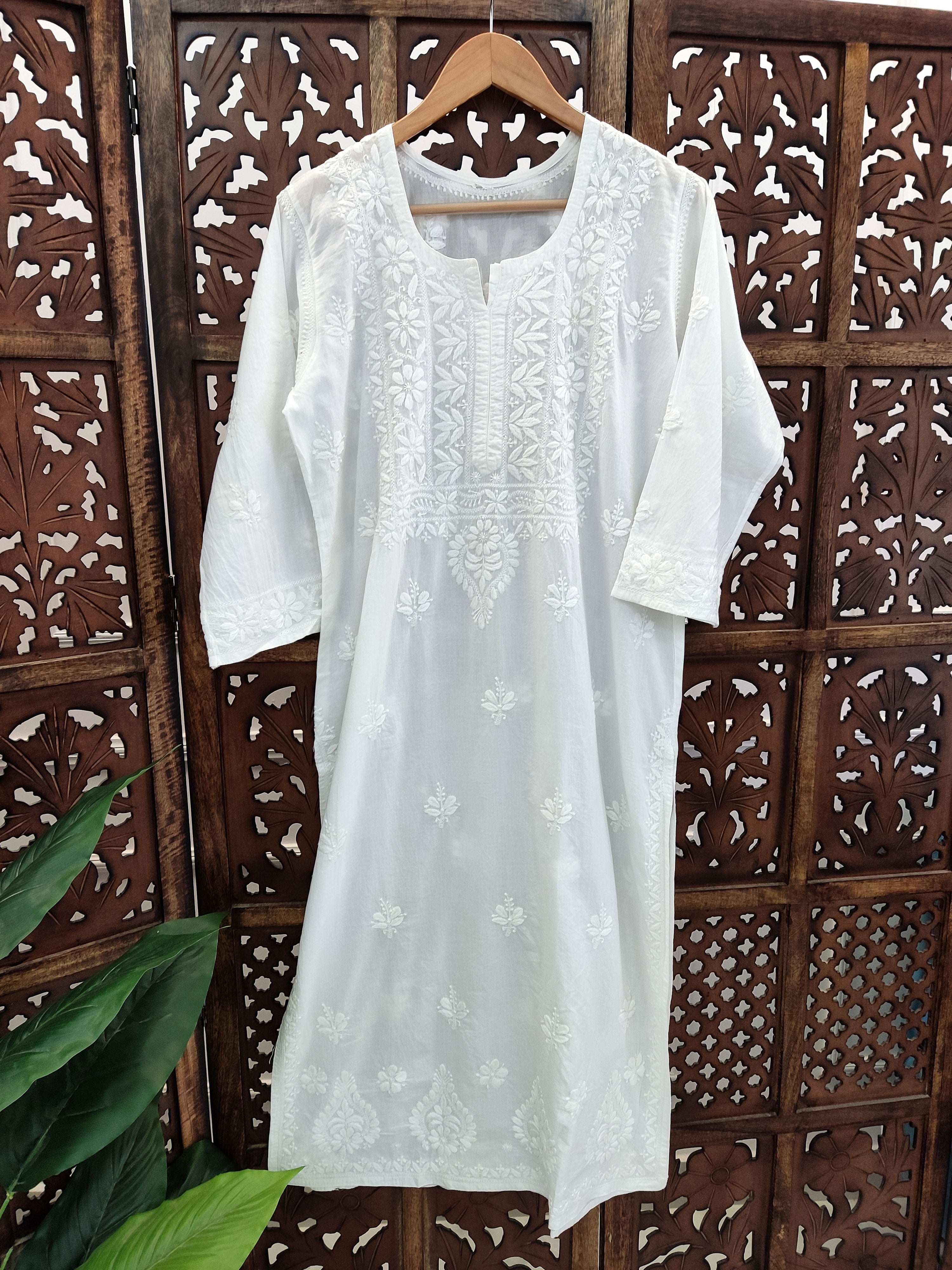 White Cotton Chikankari Straight Kurti