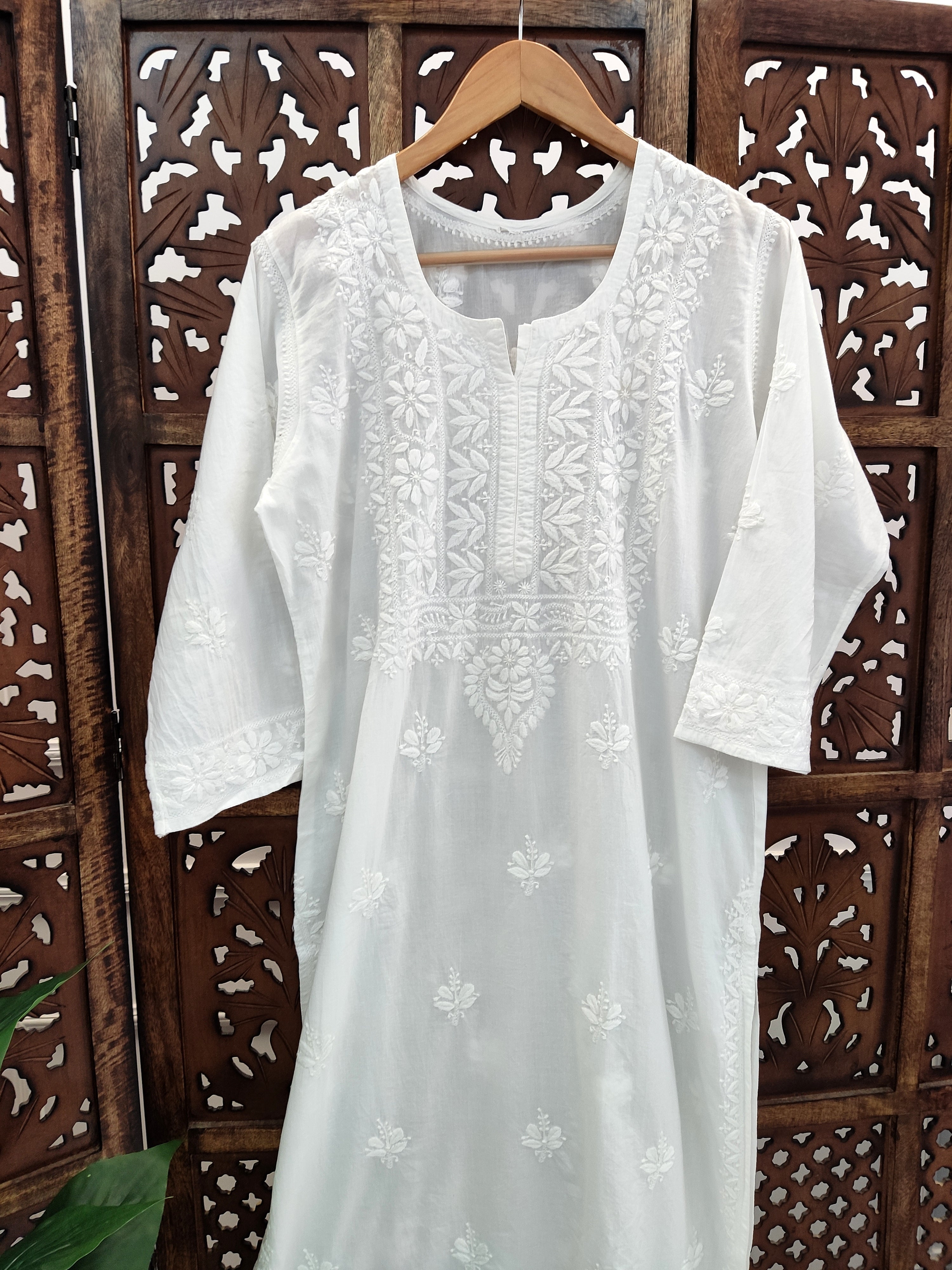 White Cotton Chikankari Straight Kurti