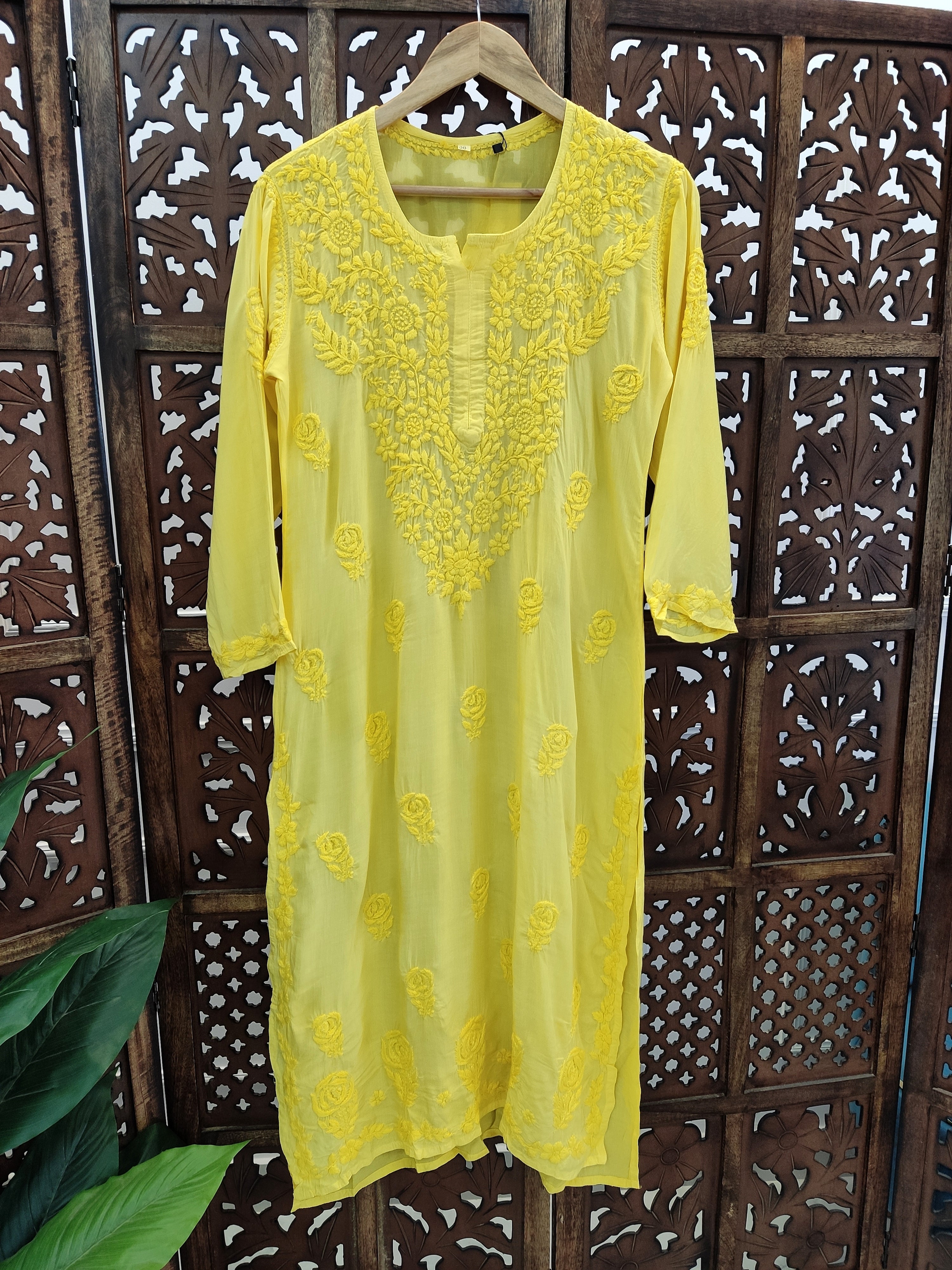 Yellow Modal Chikankari Straight Kurti