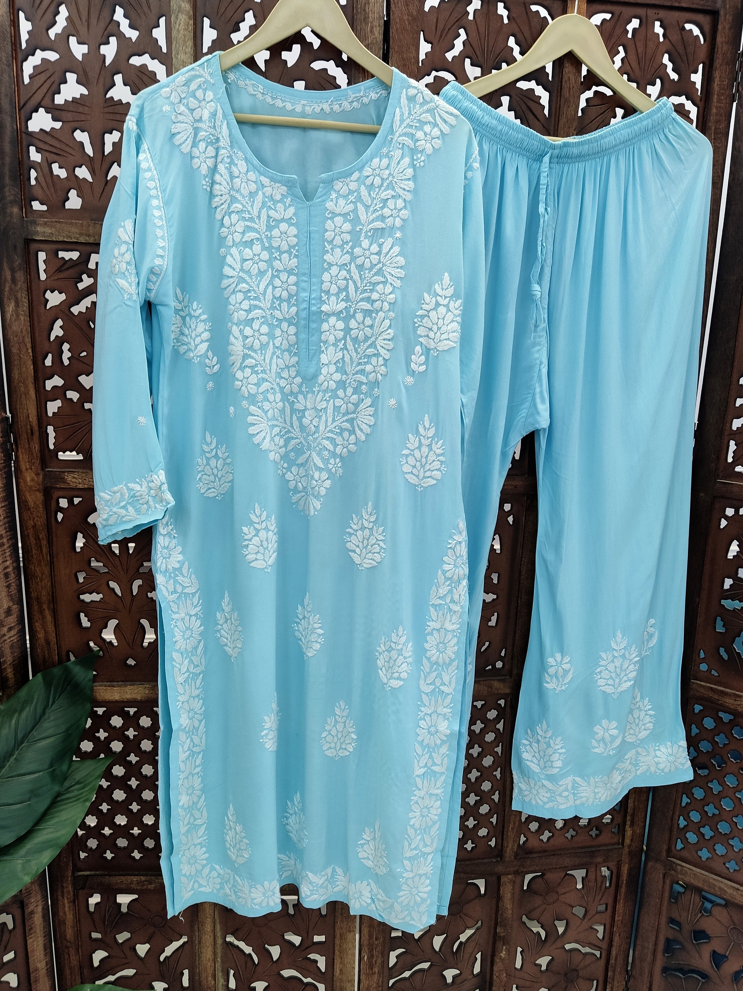 Sky Blue Modal Chikankari Kurti Palazzo Set