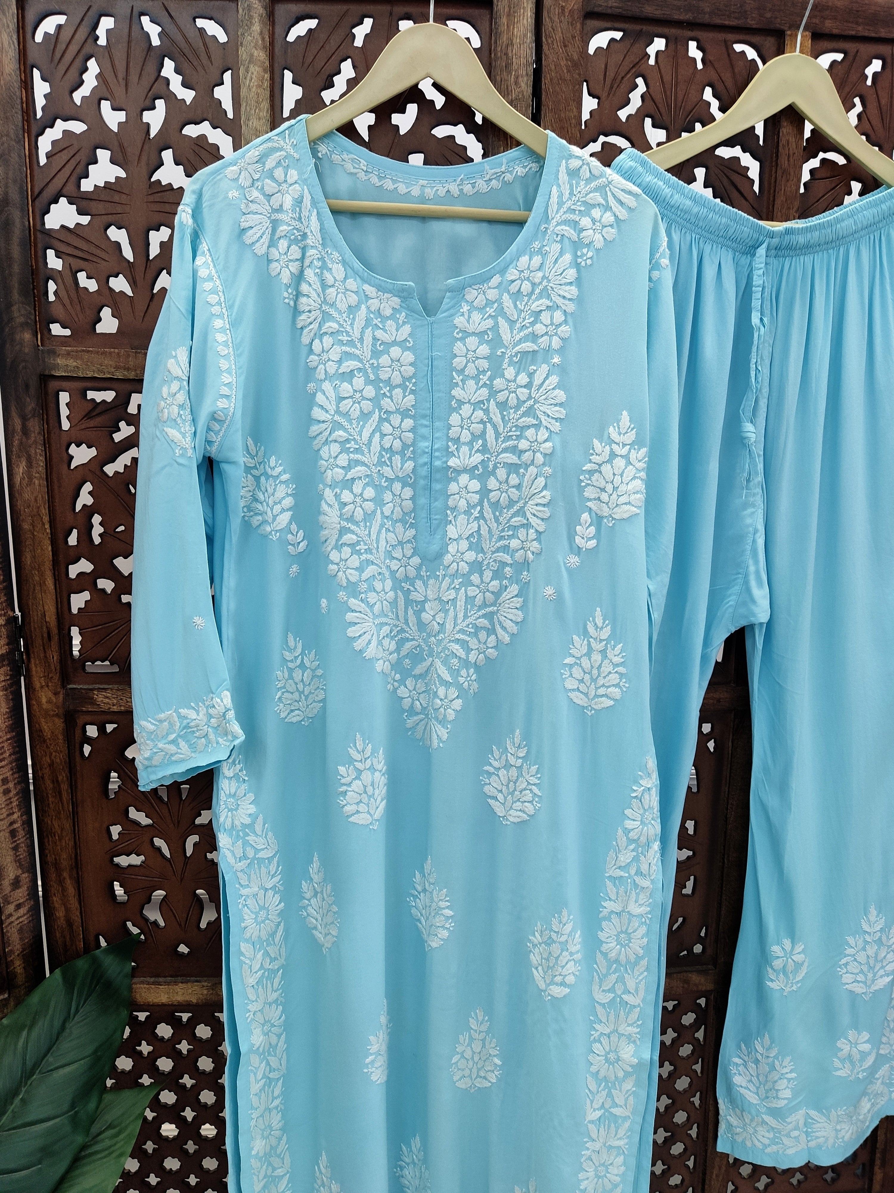 Sky Blue Modal Chikankari Kurti Palazzo Set