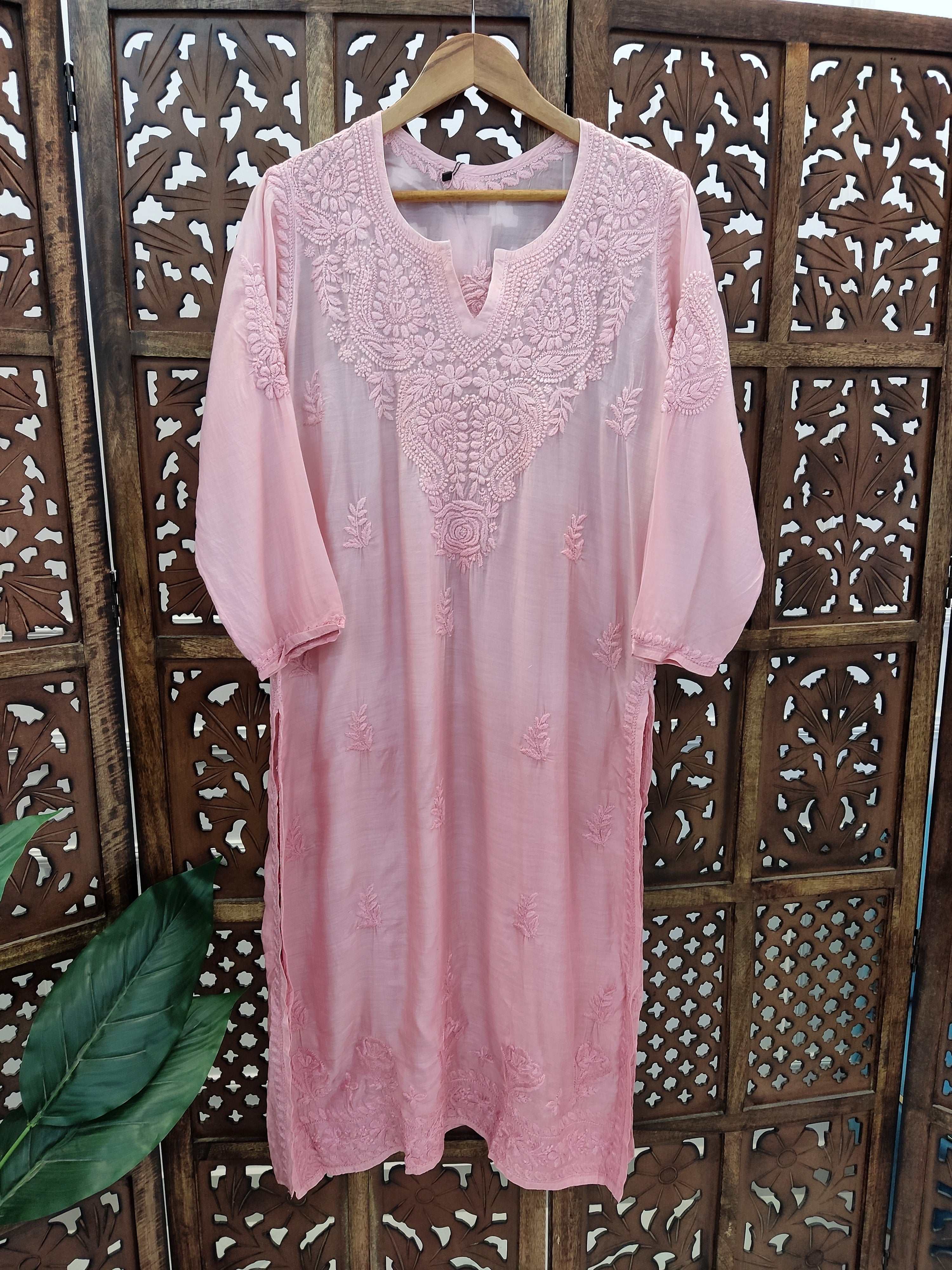 Peach Muslin Chikankari Straight Kurti